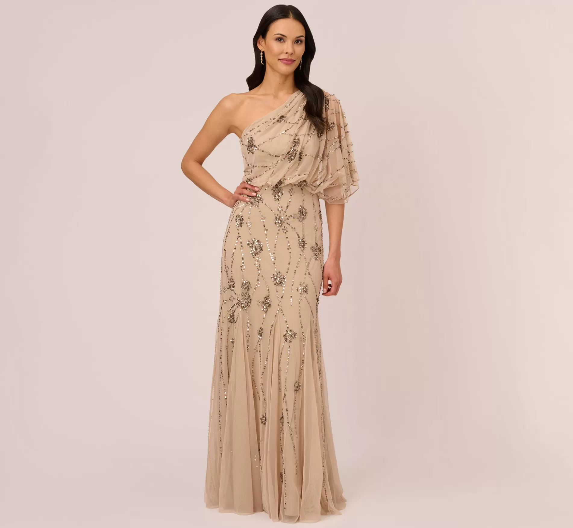 Flash Sale One Shoulder Beaded Gown In Nude Signature Blouson Collection | Long Dresses