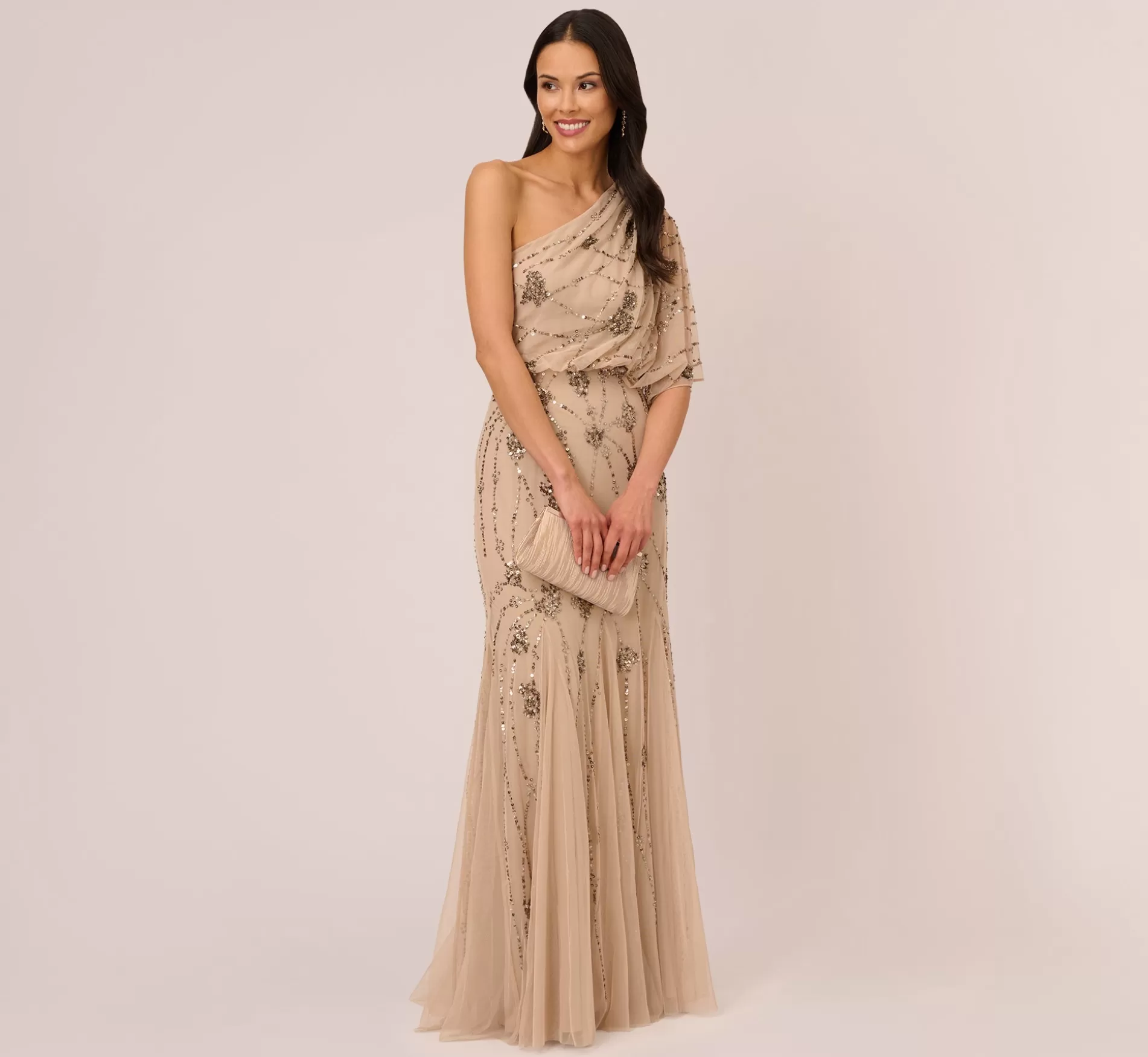 Flash Sale One Shoulder Beaded Gown In Nude Signature Blouson Collection | Long Dresses