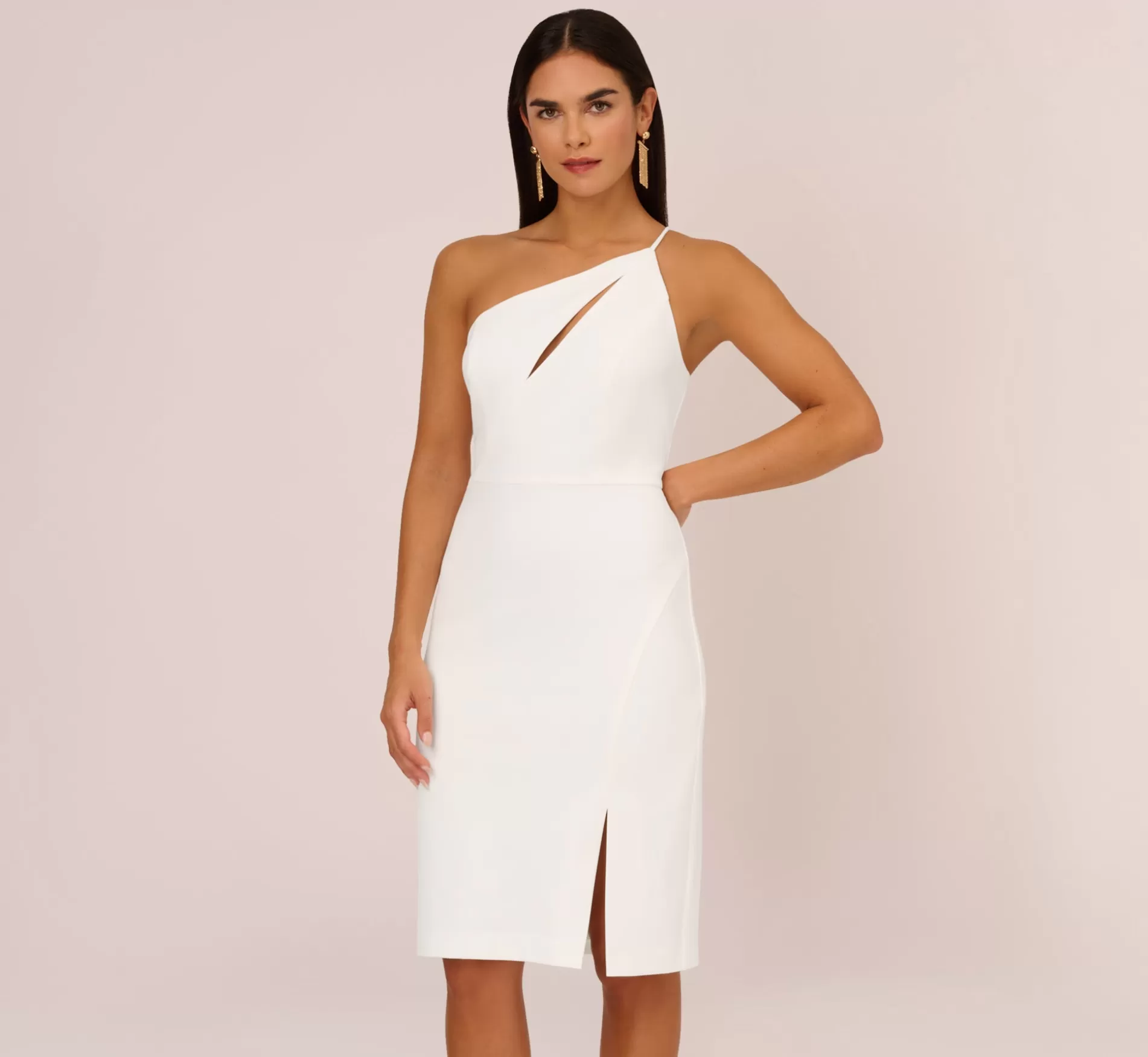 Cheap One Shoulder Crepe Dress With Cutout Neckline In Ivory Little White Dresses | Midi Dresses