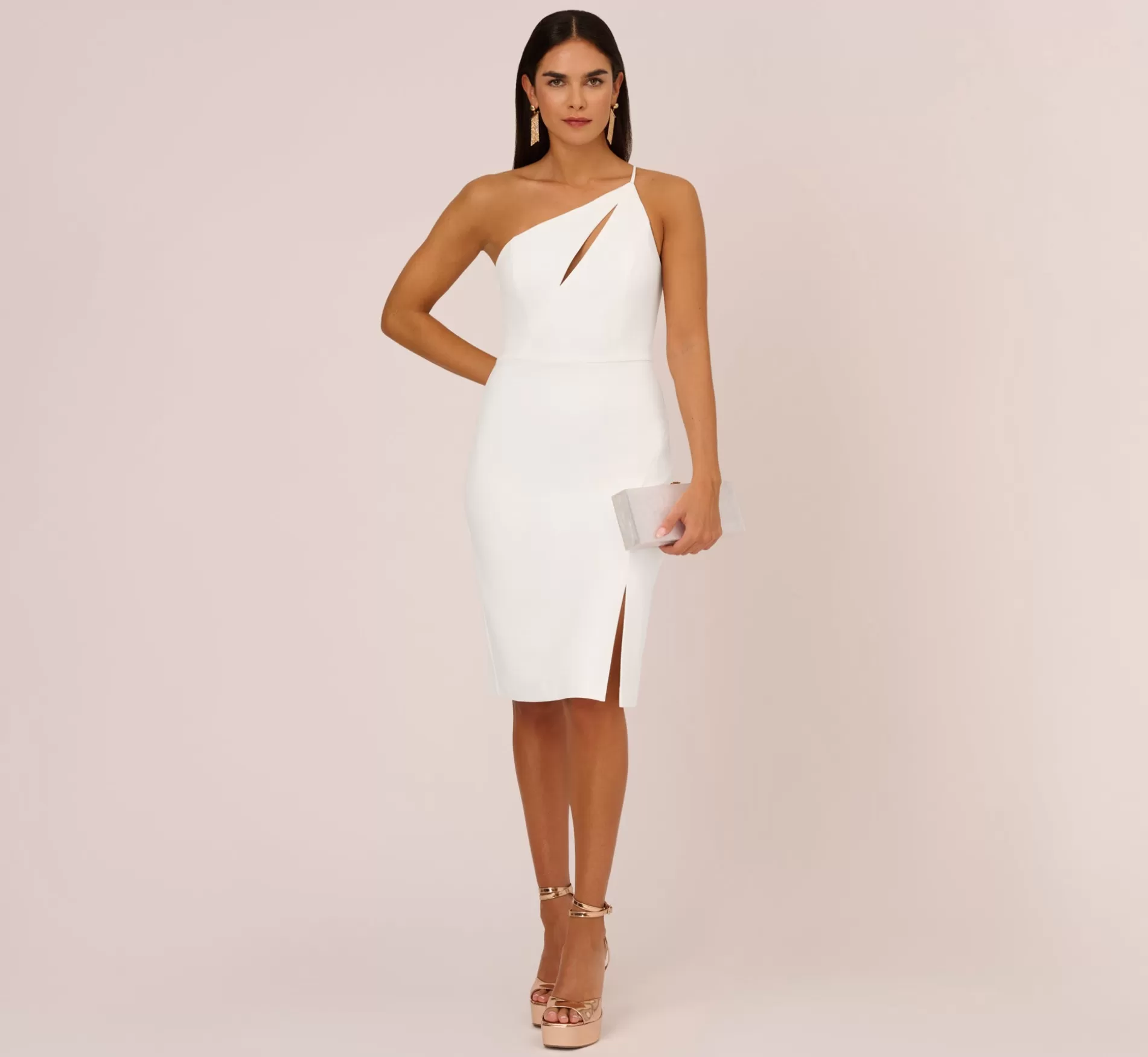 Cheap One Shoulder Crepe Dress With Cutout Neckline In Ivory Little White Dresses | Midi Dresses