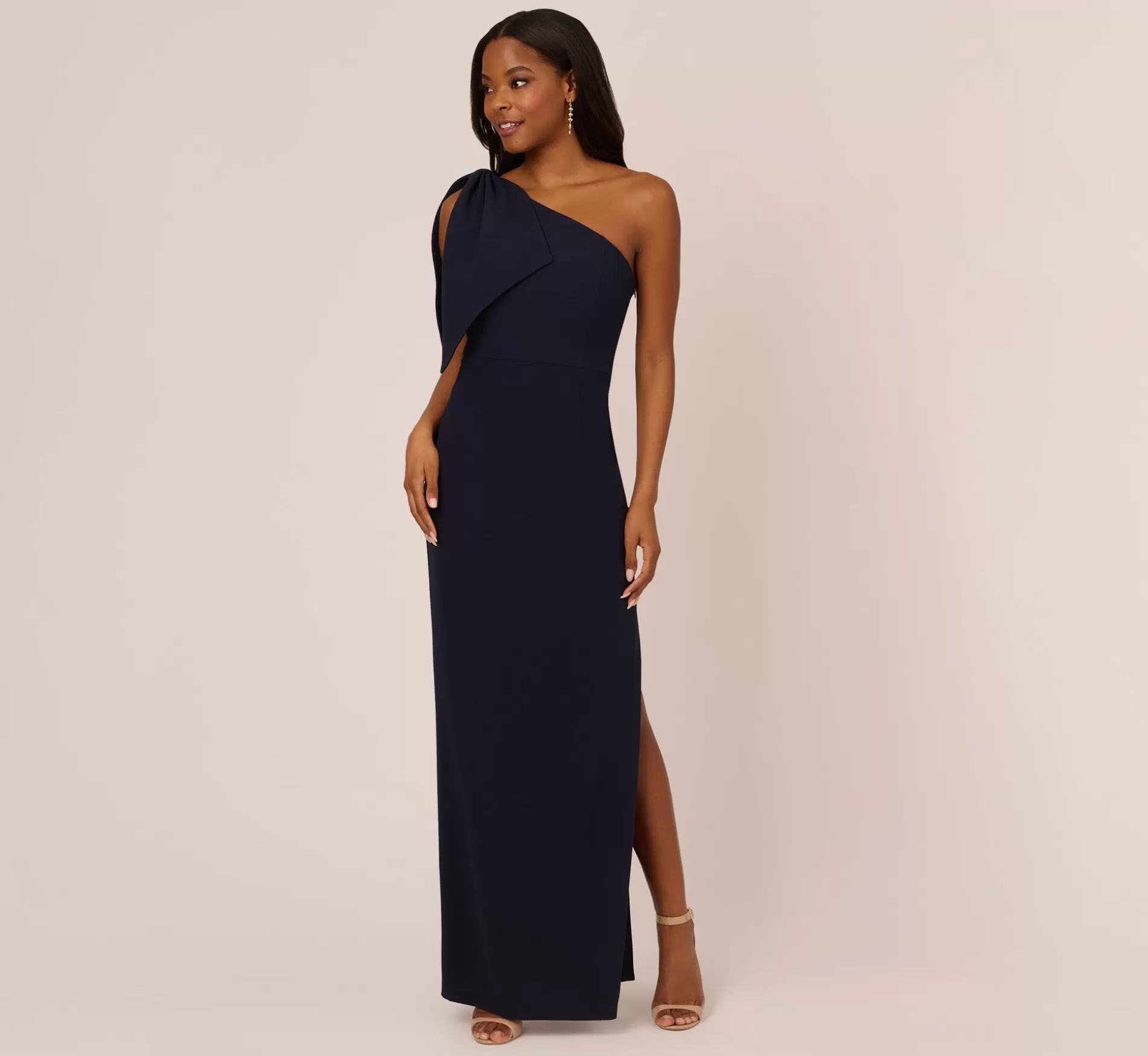 Cheap One Shoulder Crepe Gown With Bow Accent In Midnight Black Tie | Formal