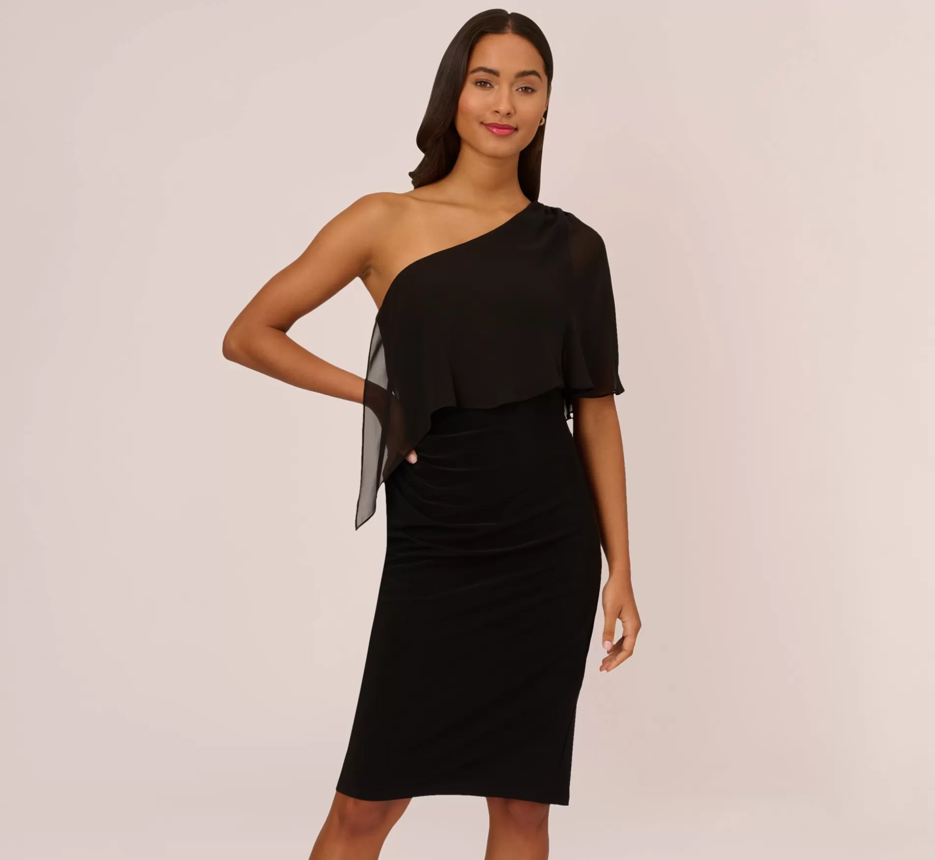 Hot One Shoulder Dress With Chiffon Cape In Black Day Dresses | Midi Dresses