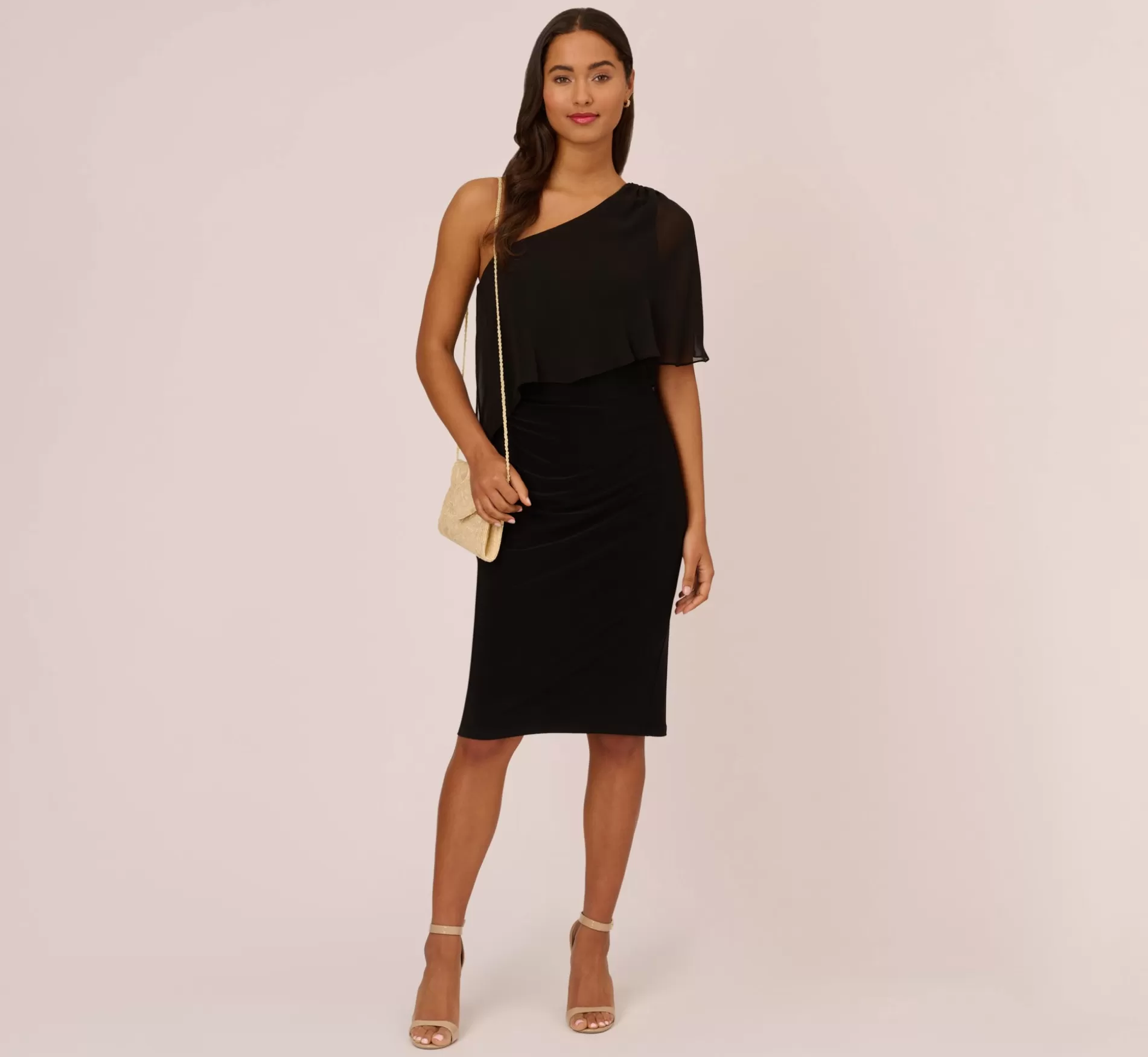 Hot One Shoulder Dress With Chiffon Cape In Black Day Dresses | Midi Dresses