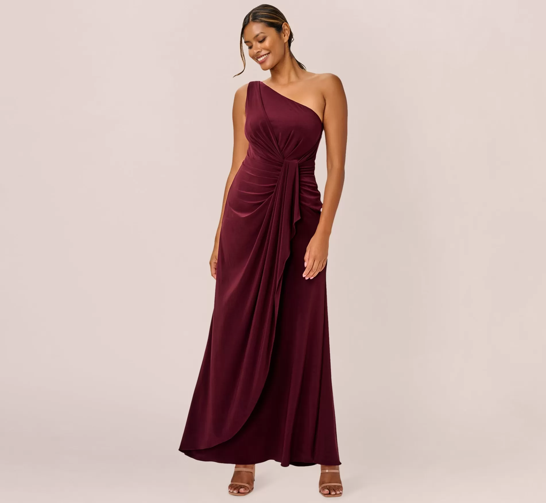 Best One Shoulder Dress With Draped Waist Detail In Red Wine Long Dresses | Black Tie