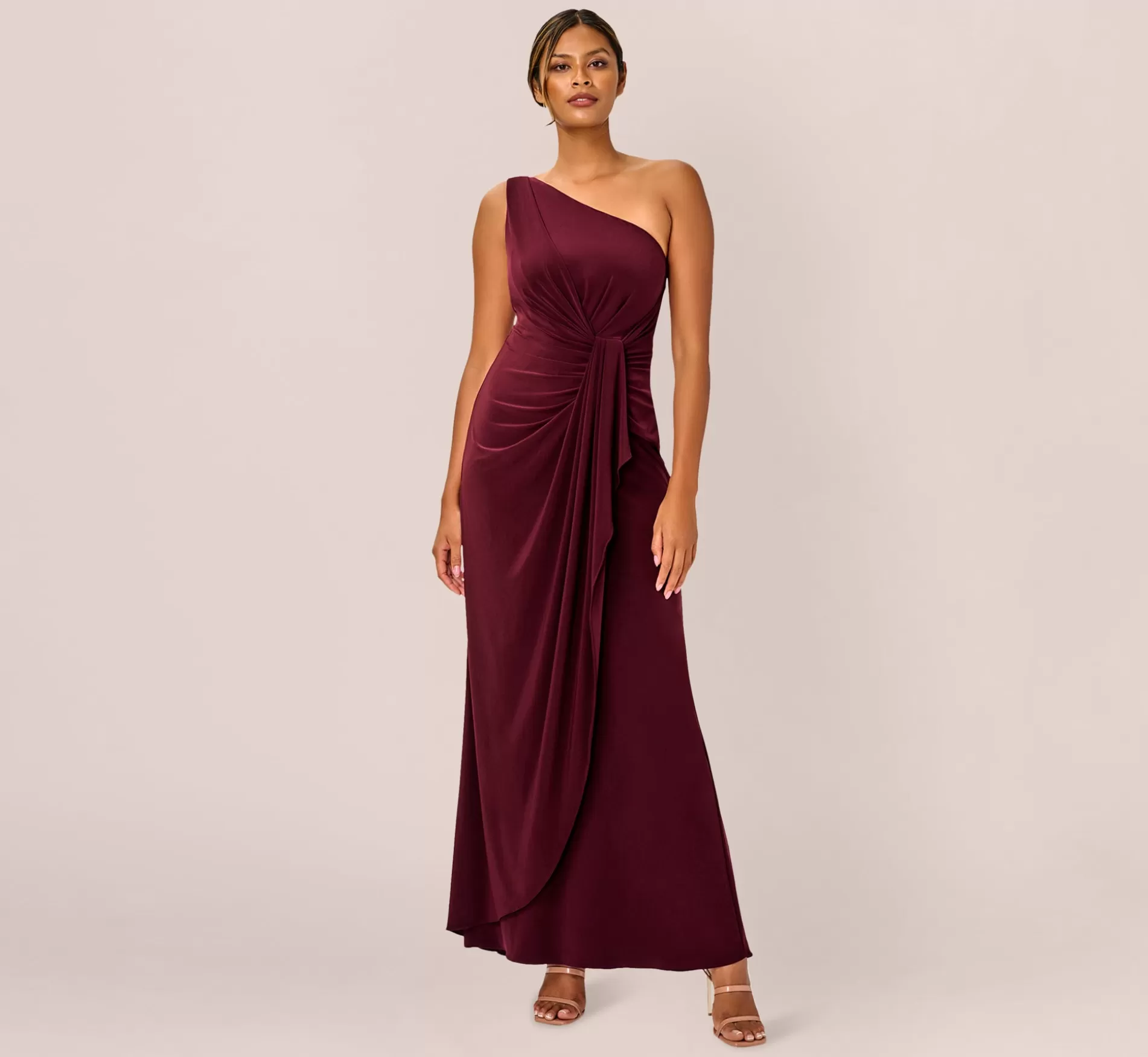 Best One Shoulder Dress With Draped Waist Detail In Red Wine Long Dresses | Black Tie