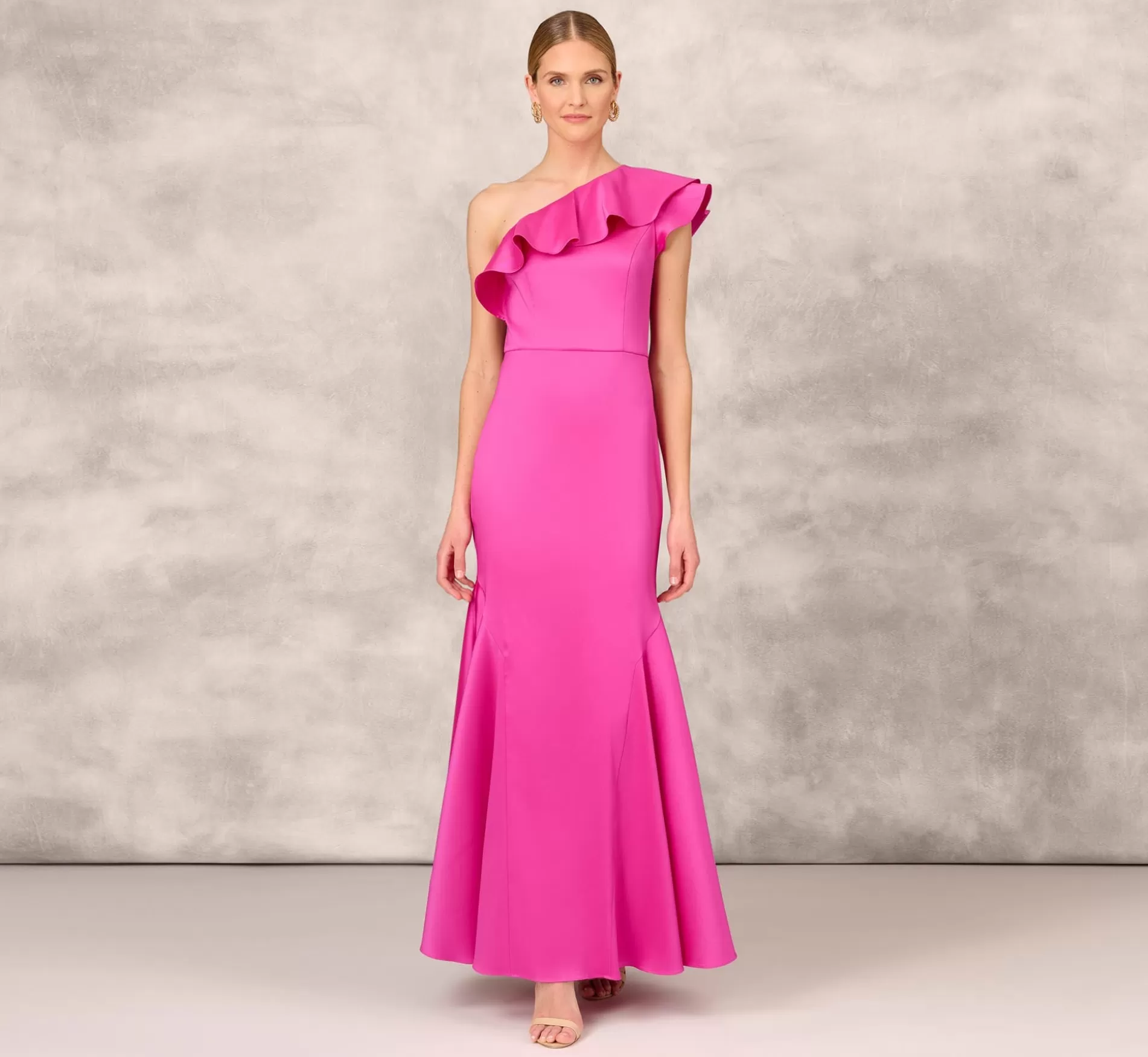 Shop One Shoulder Mermaid Gown With Ruffle Details In Magenta Long Dresses