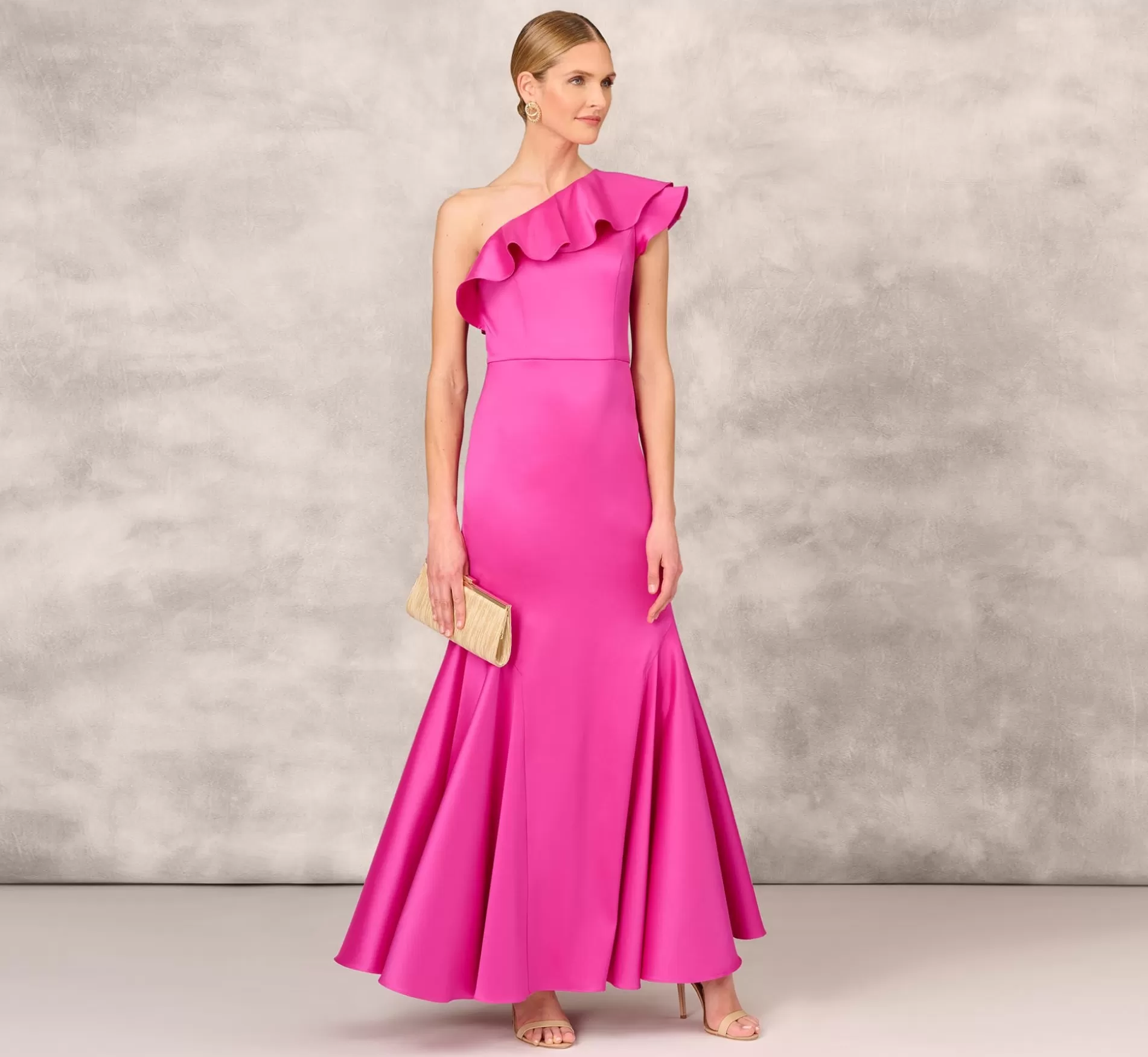 Shop One Shoulder Mermaid Gown With Ruffle Details In Magenta Long Dresses