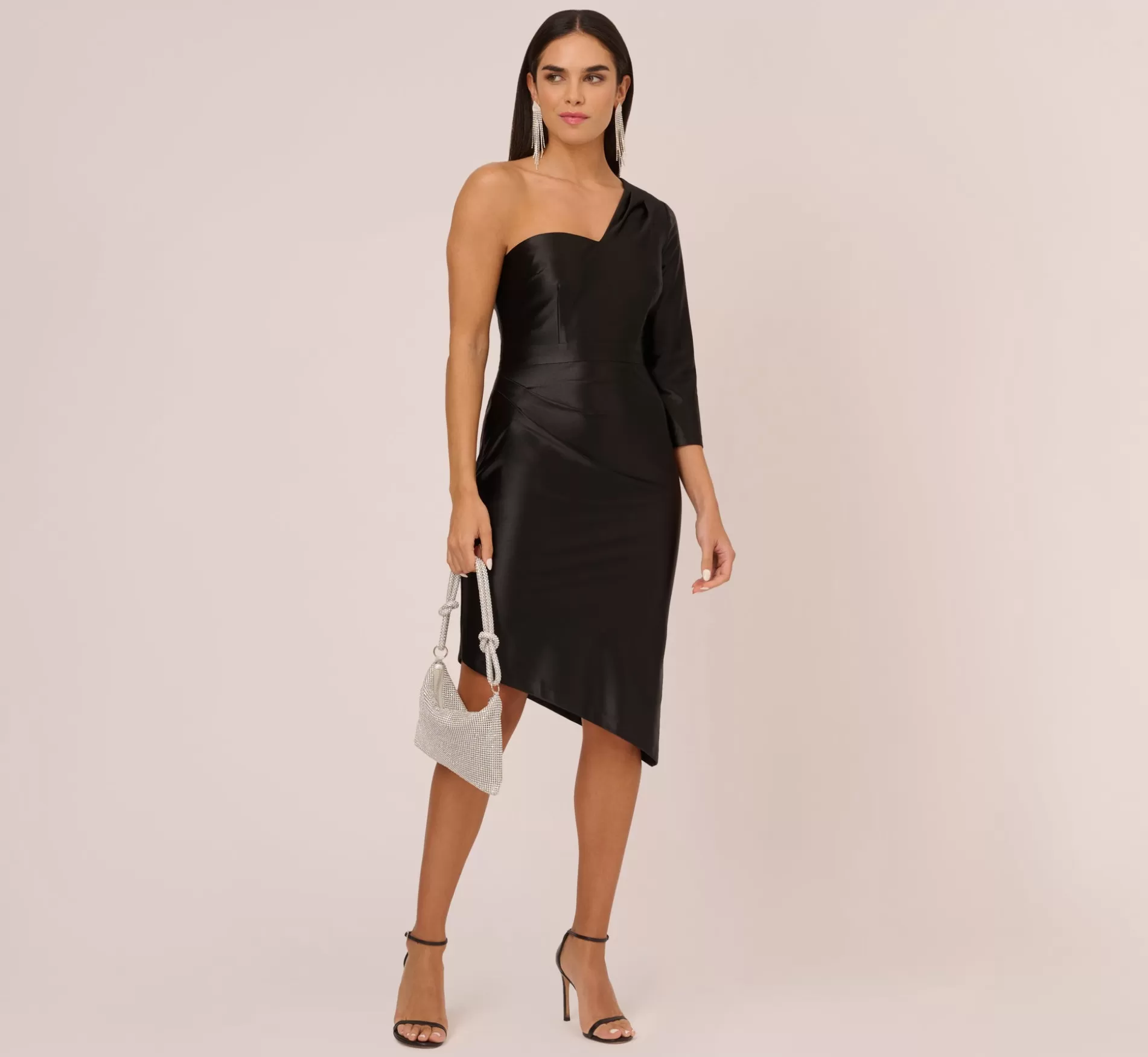 Flash Sale One Shoulder Satin Midi Dress With Three-Quarter Sleeve In Black Midi Dresses
