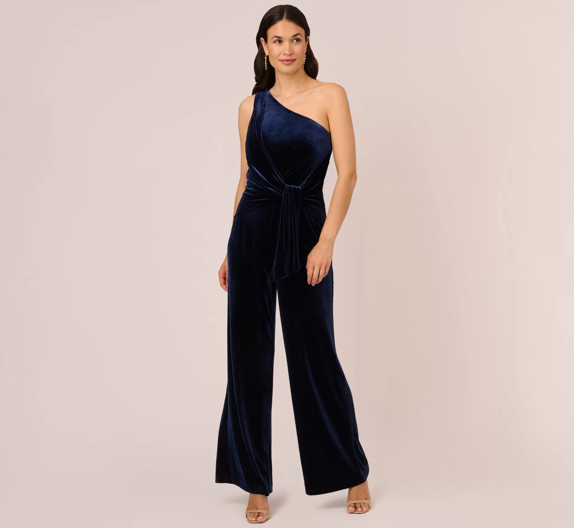 Cheap One Shoulder Velvet Jumpsuit With Draped Accent In Midnight Jumpsuits | Black Tie