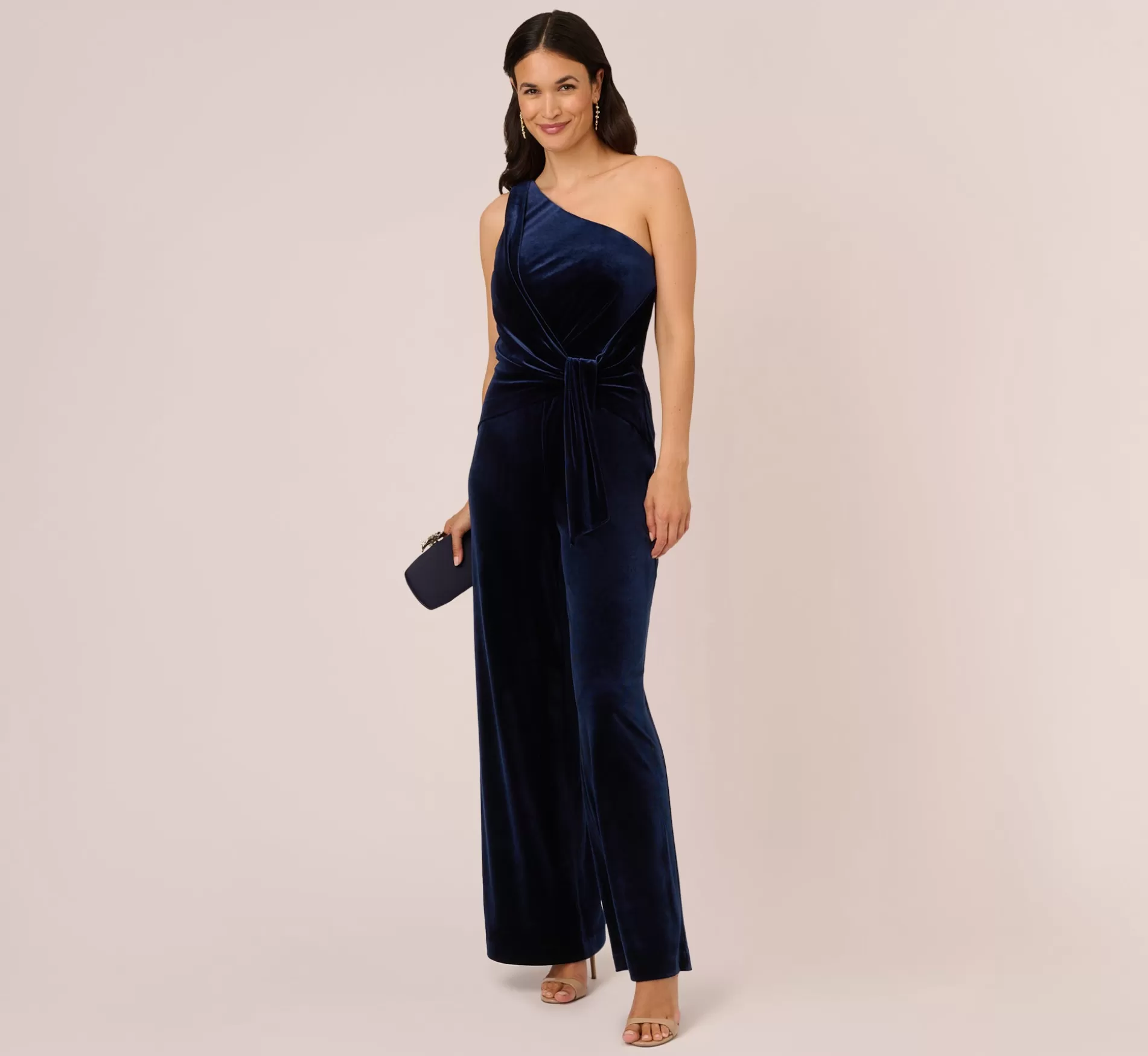 Cheap One Shoulder Velvet Jumpsuit With Draped Accent In Midnight Jumpsuits | Black Tie