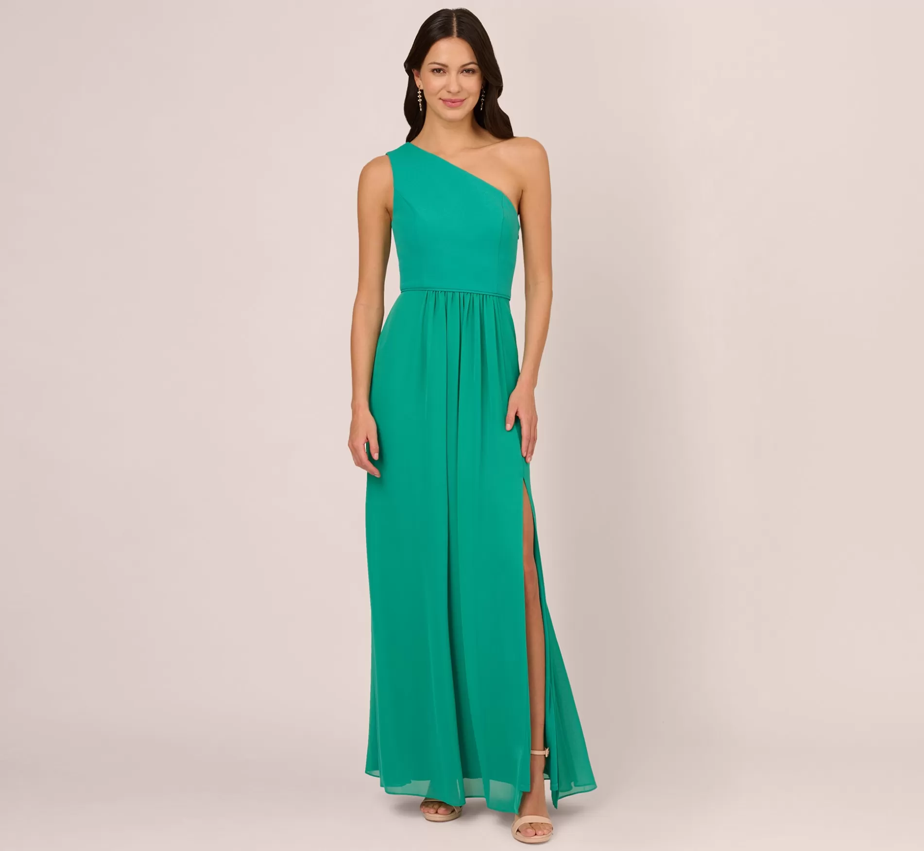 Store One-Shoulder Chiffon Long Gown In Botanic Green Long Dresses | Formal