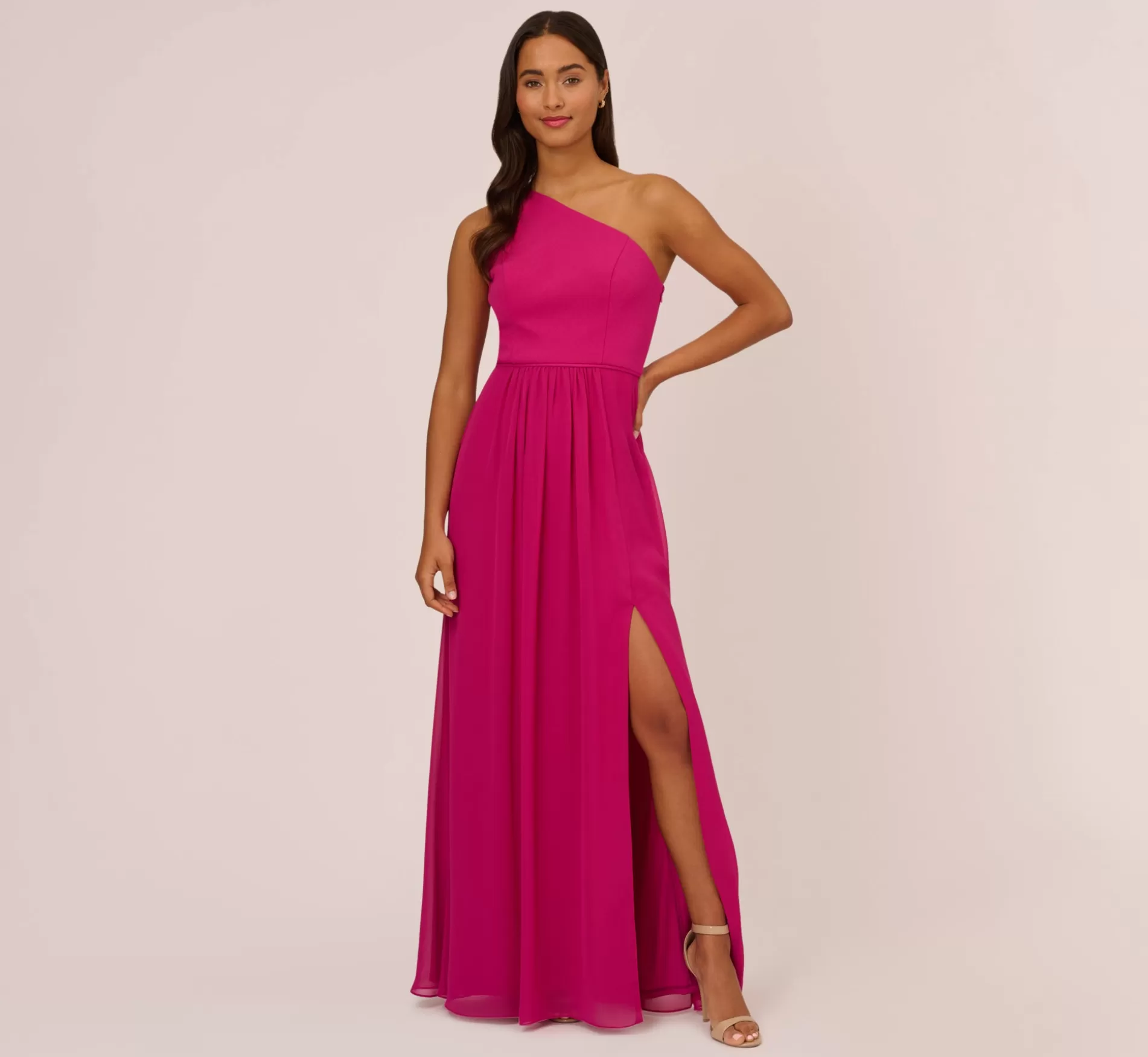 Cheap One-Shoulder Chiffon Long Gown In Bright Magenta Long Dresses | Best Sellers