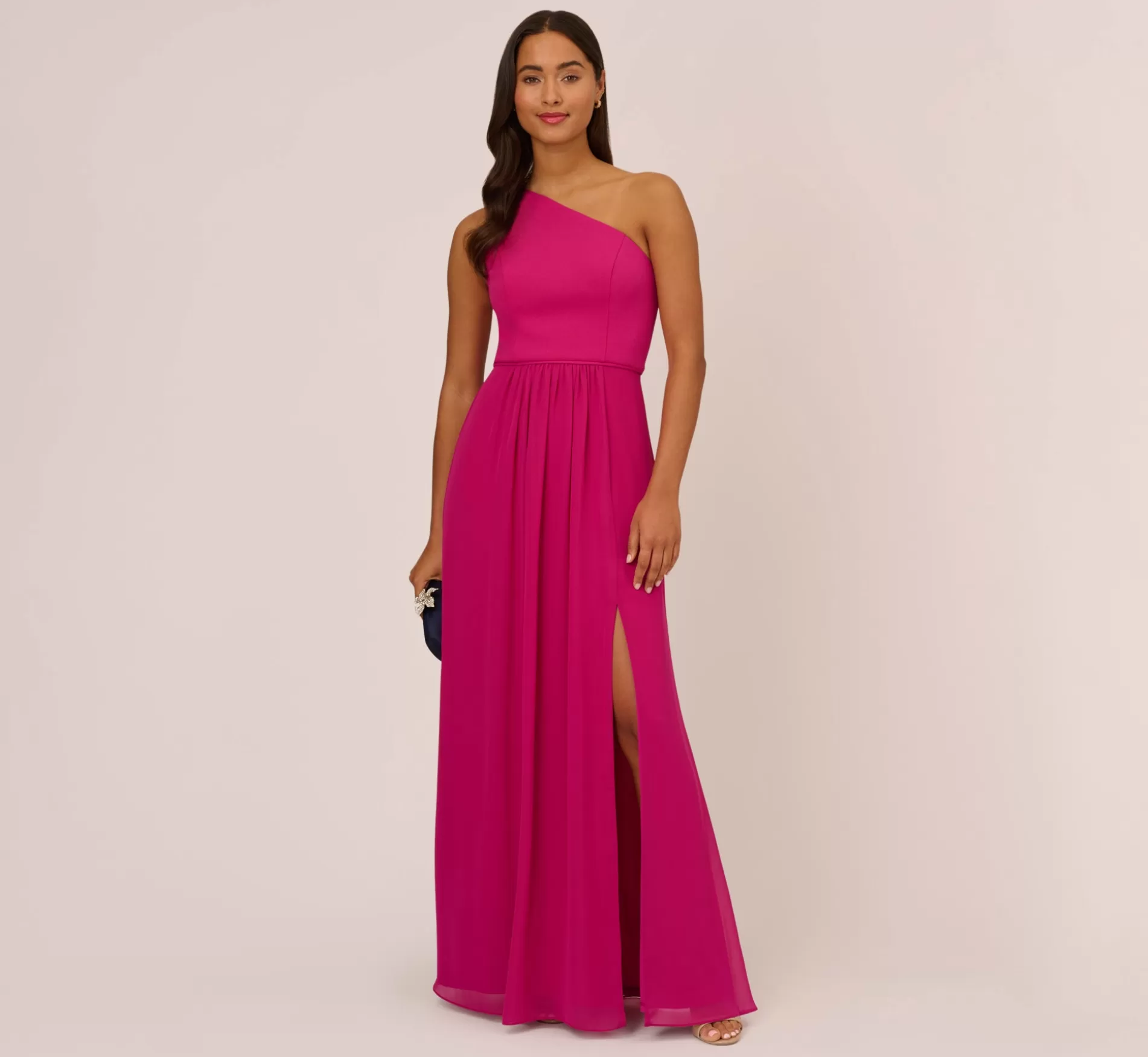 Cheap One-Shoulder Chiffon Long Gown In Bright Magenta Long Dresses | Best Sellers