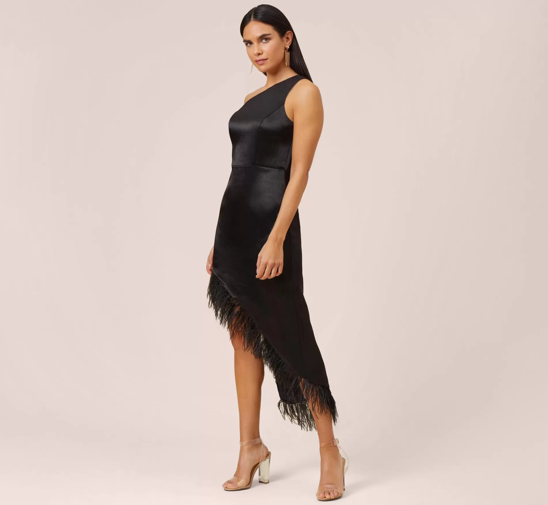 Online One-Shoulder Satin Dress With Feather Trim In Black Long Dresses