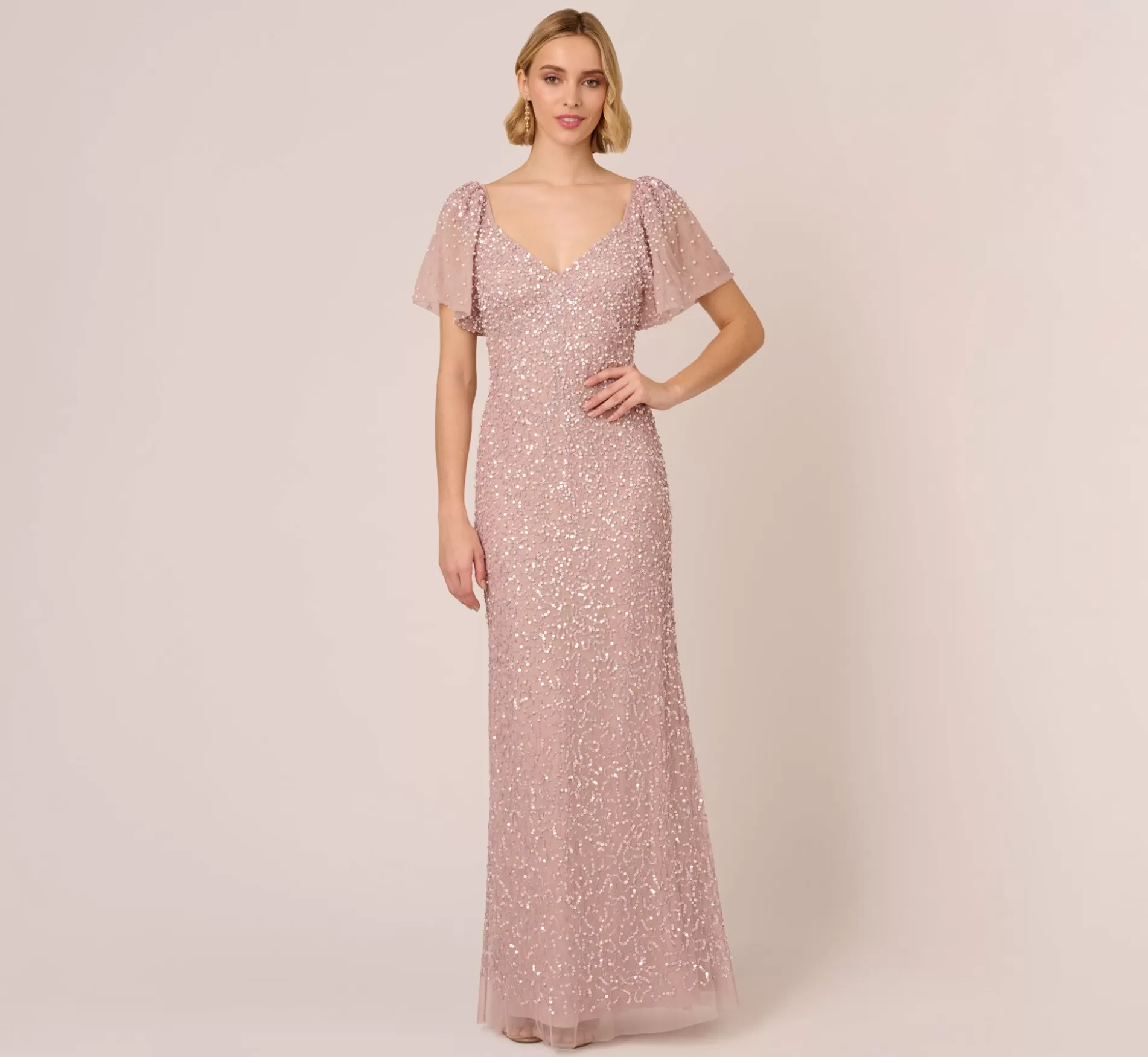 Shop Pearl Beaded Mermaid Gown With Flutter Sleeves In Cameo Best Sellers | Beaded