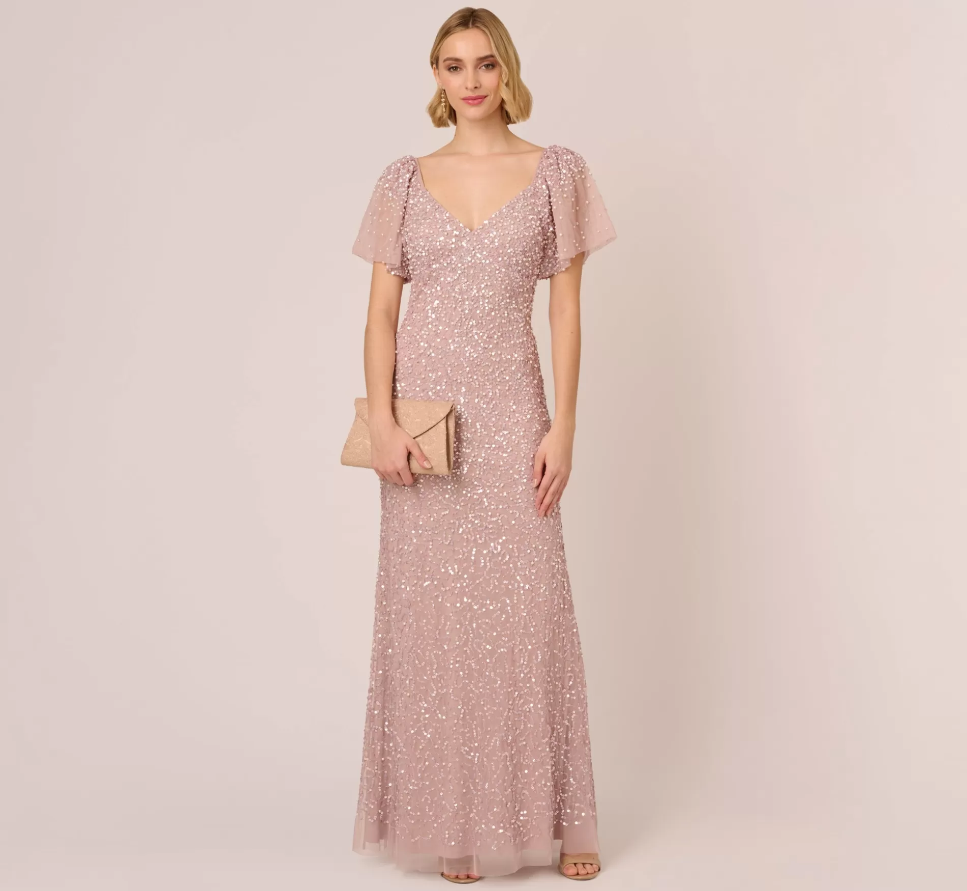 Shop Pearl Beaded Mermaid Gown With Flutter Sleeves In Cameo Best Sellers | Beaded