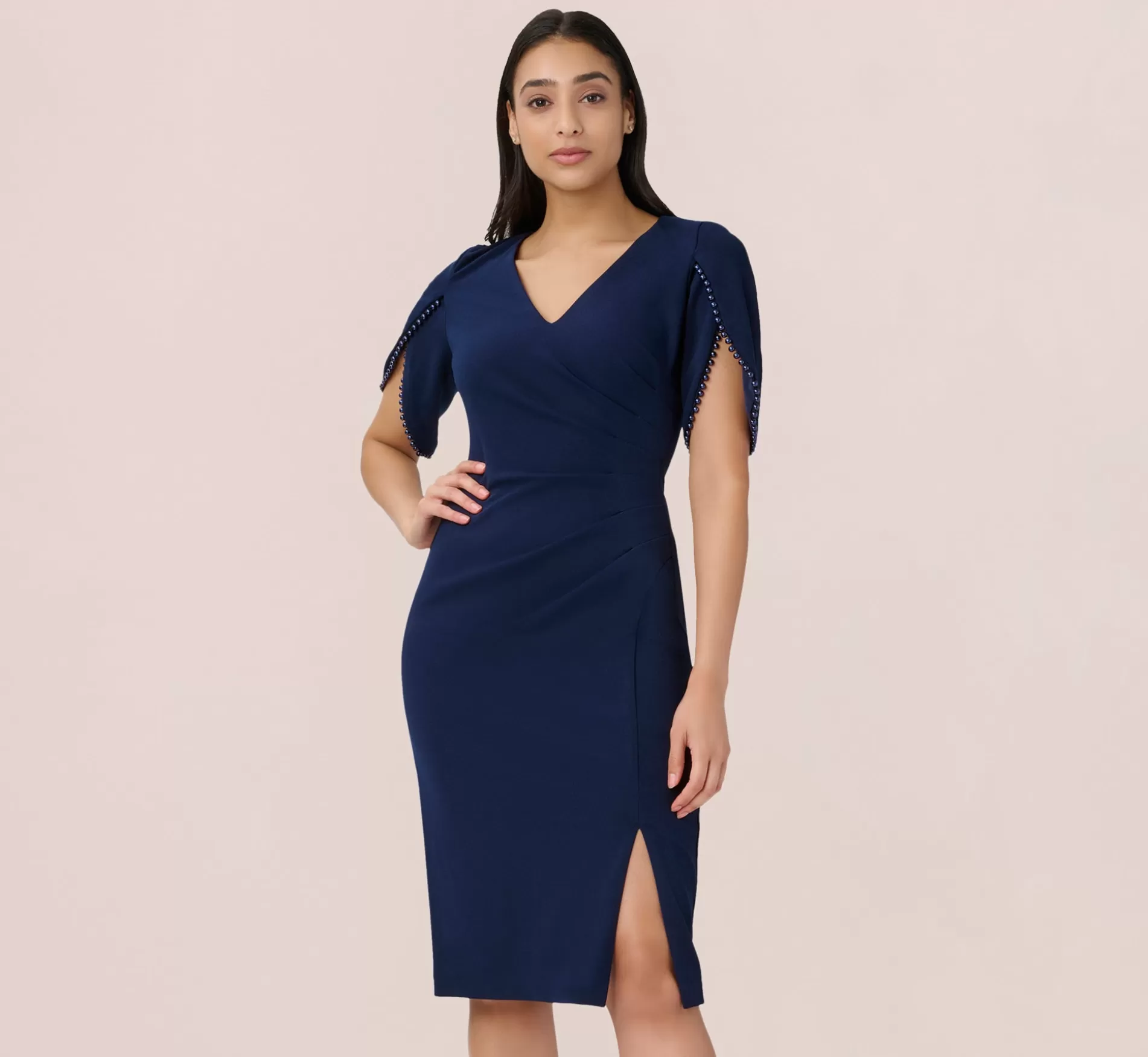 Best Pearl Embellished Knit Crepe Sheath Dress In Navy Sateen Day Dresses | Midi Dresses