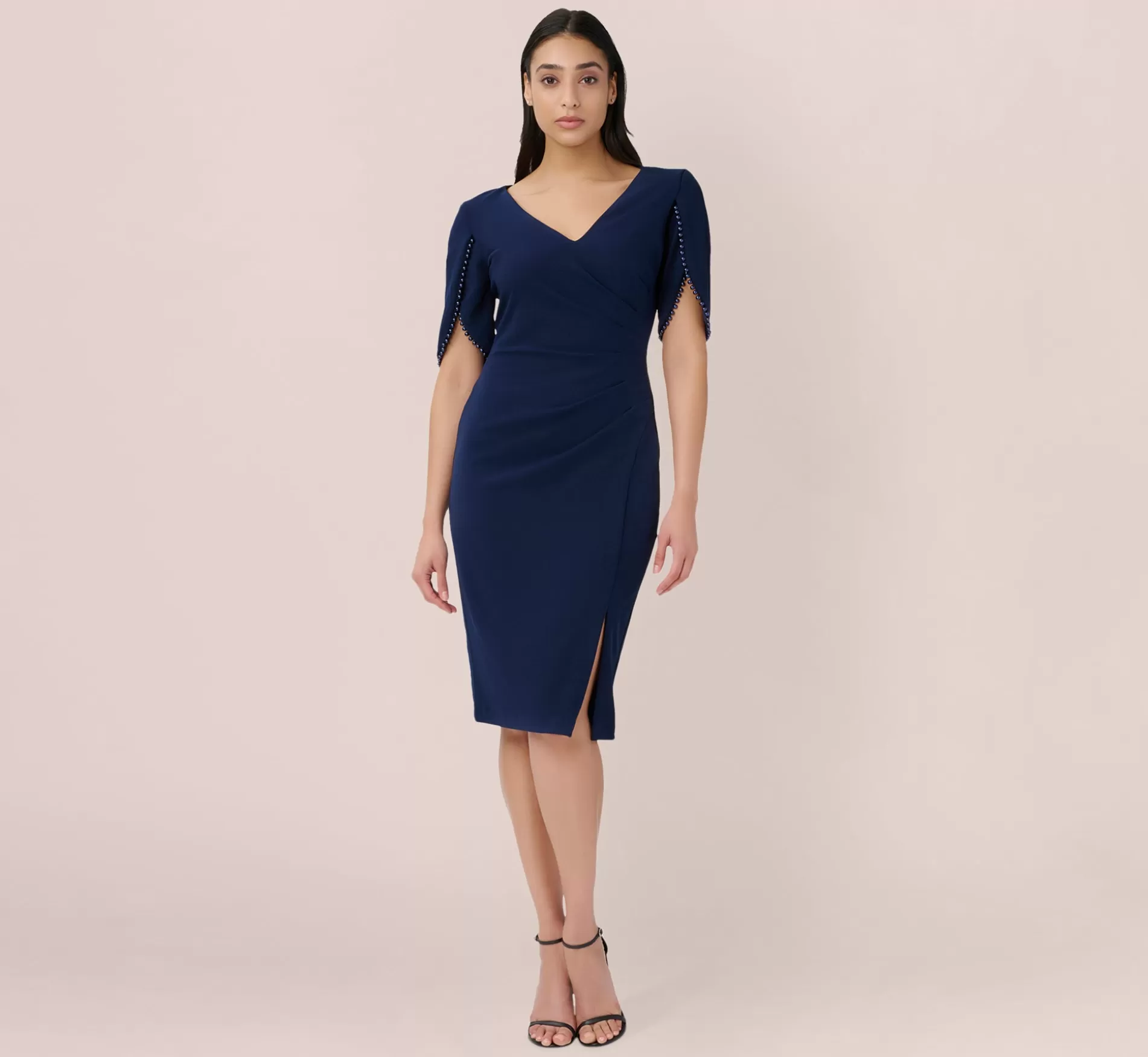 Best Pearl Embellished Knit Crepe Sheath Dress In Navy Sateen Day Dresses | Midi Dresses