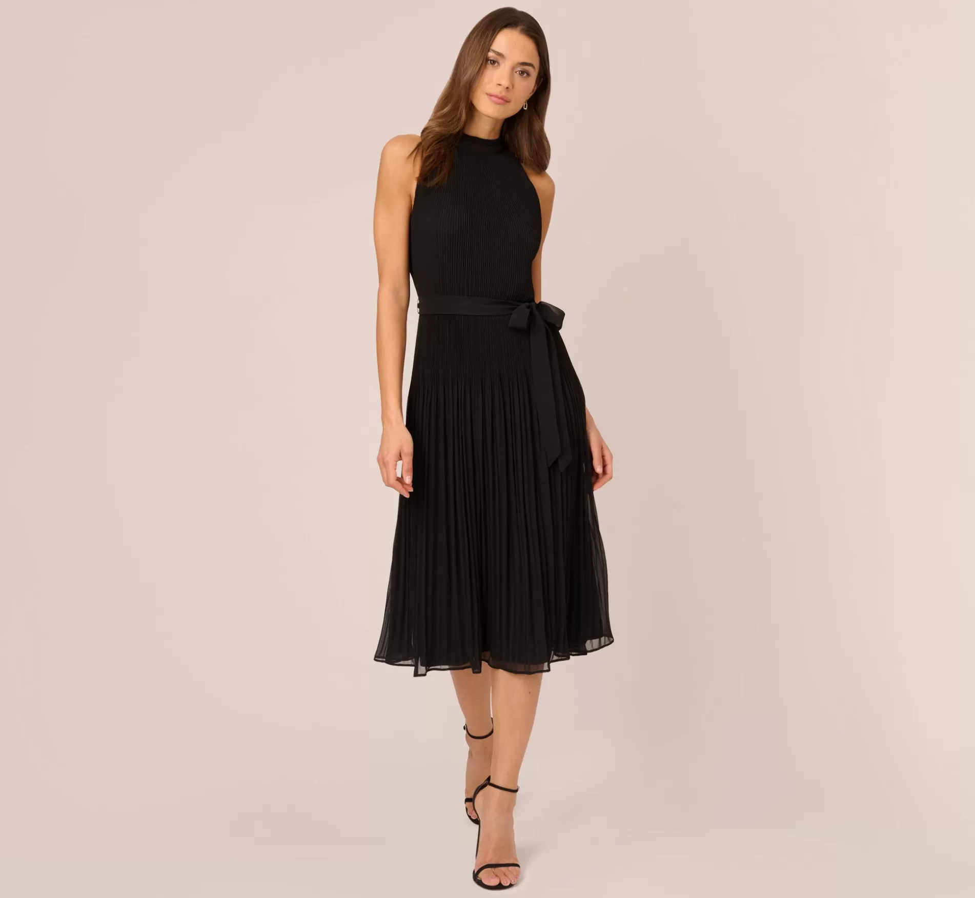 Discount Pleated Sleeveless Chiffon Dress With Tie Waist In Black Best Sellers | Day Dresses