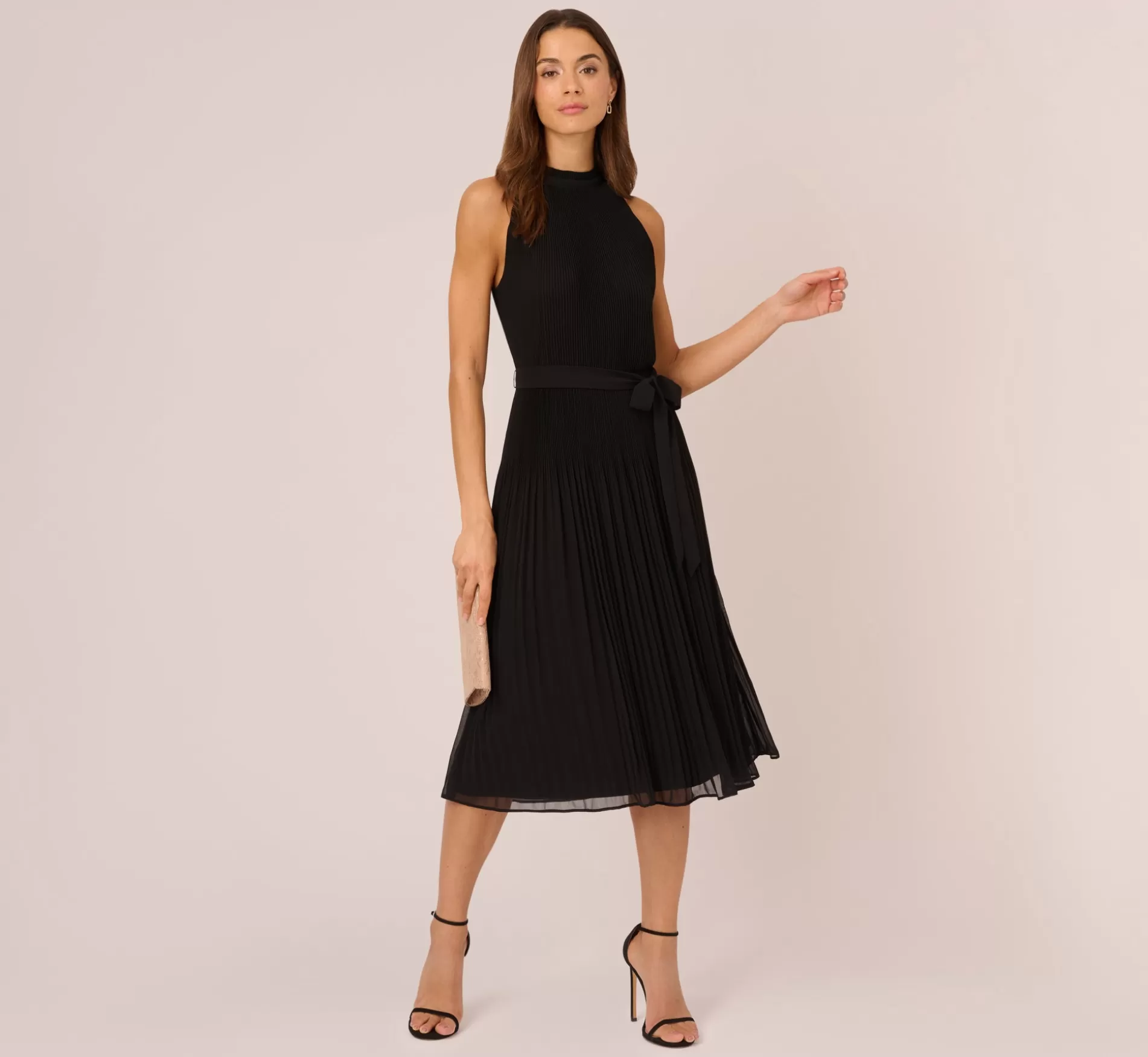 Discount Pleated Sleeveless Chiffon Dress With Tie Waist In Black Best Sellers | Day Dresses