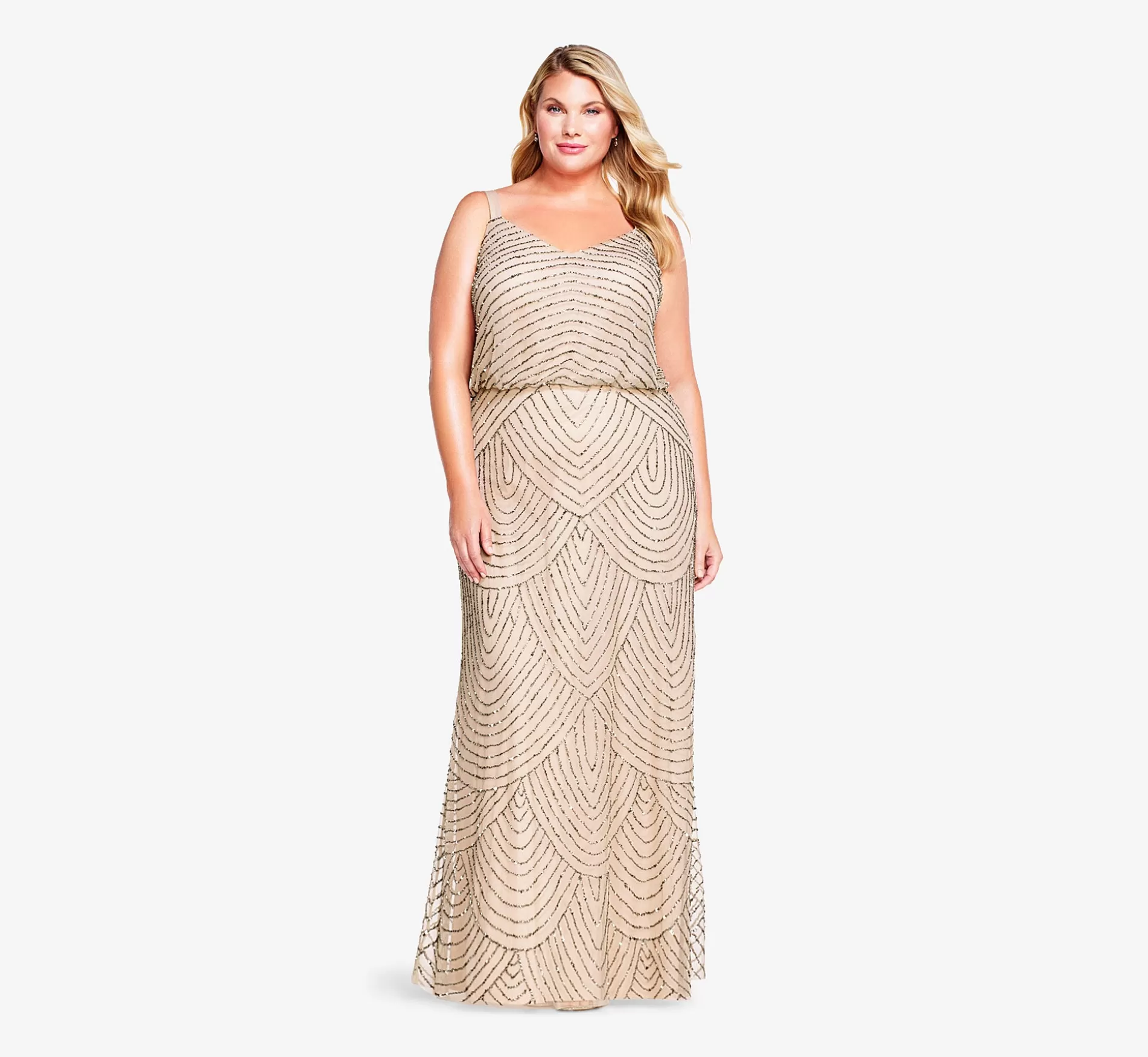 Discount Plus Size Art Deco Beaded Blouson Gown In Taupe Pink Signature Blouson Collection | Long Dresses