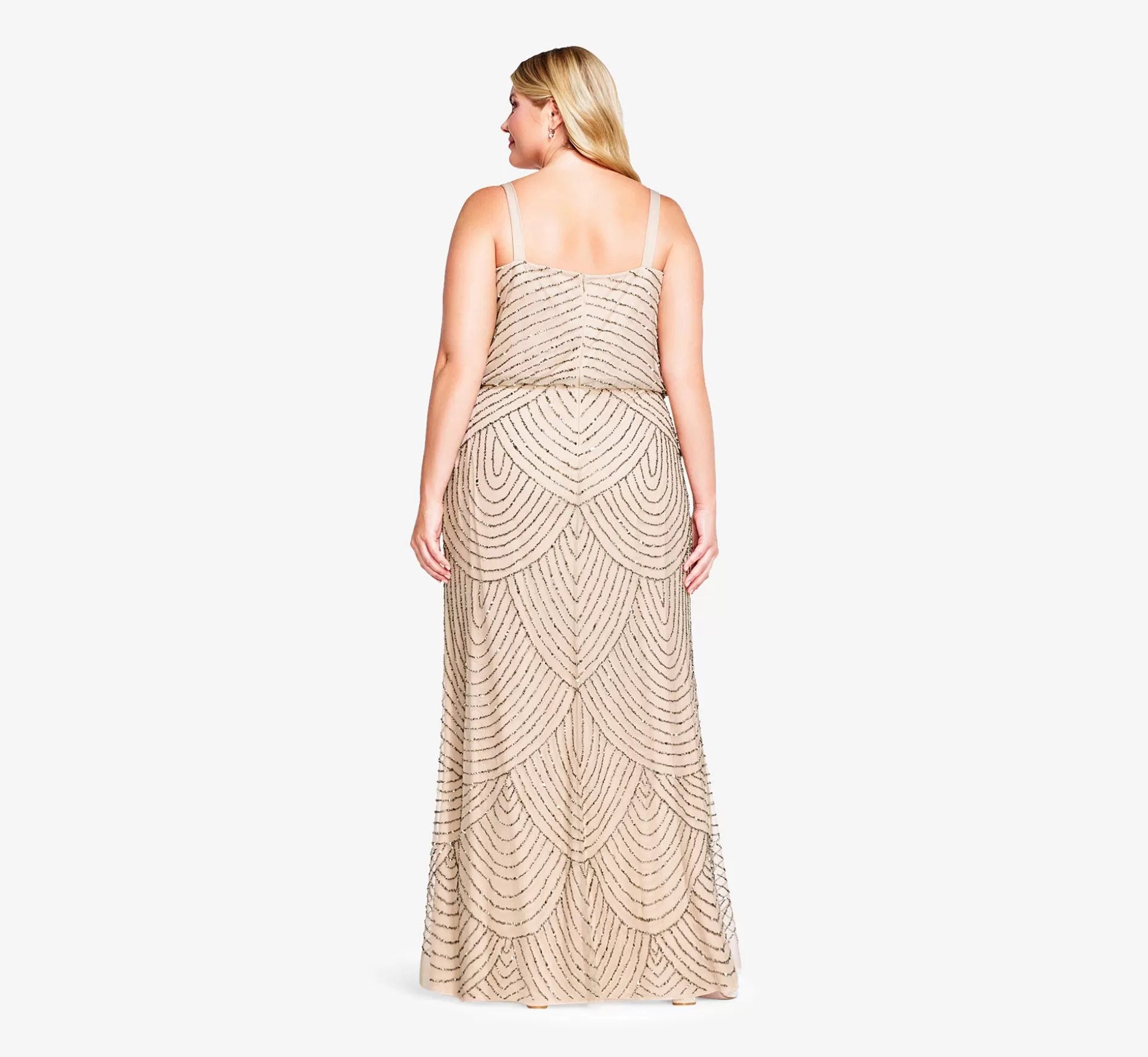 Discount Plus Size Art Deco Beaded Blouson Gown In Taupe Pink Signature Blouson Collection | Long Dresses