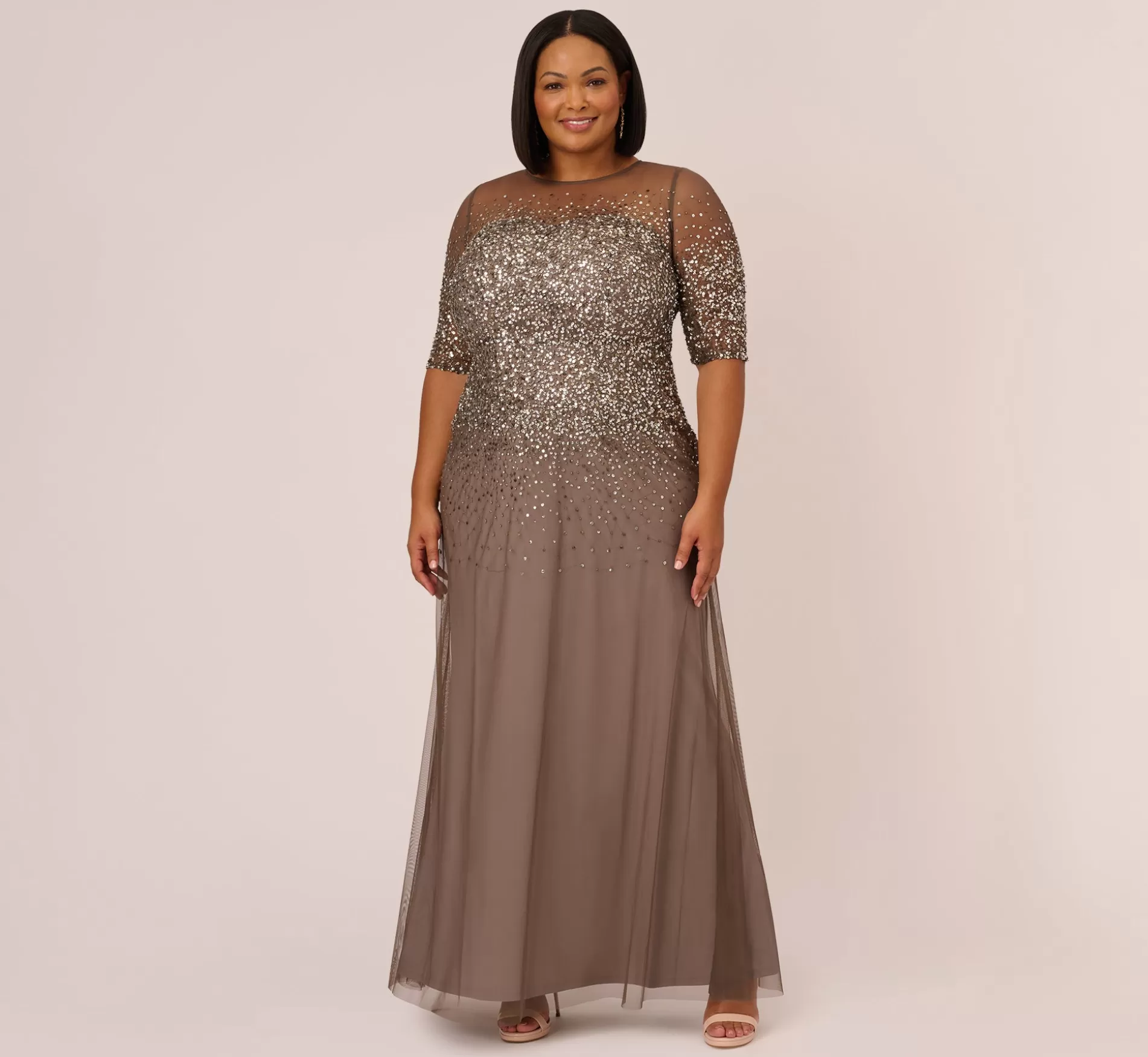 Discount Plus Size Beaded Illusion Gown In Lead Beaded | Long Dresses