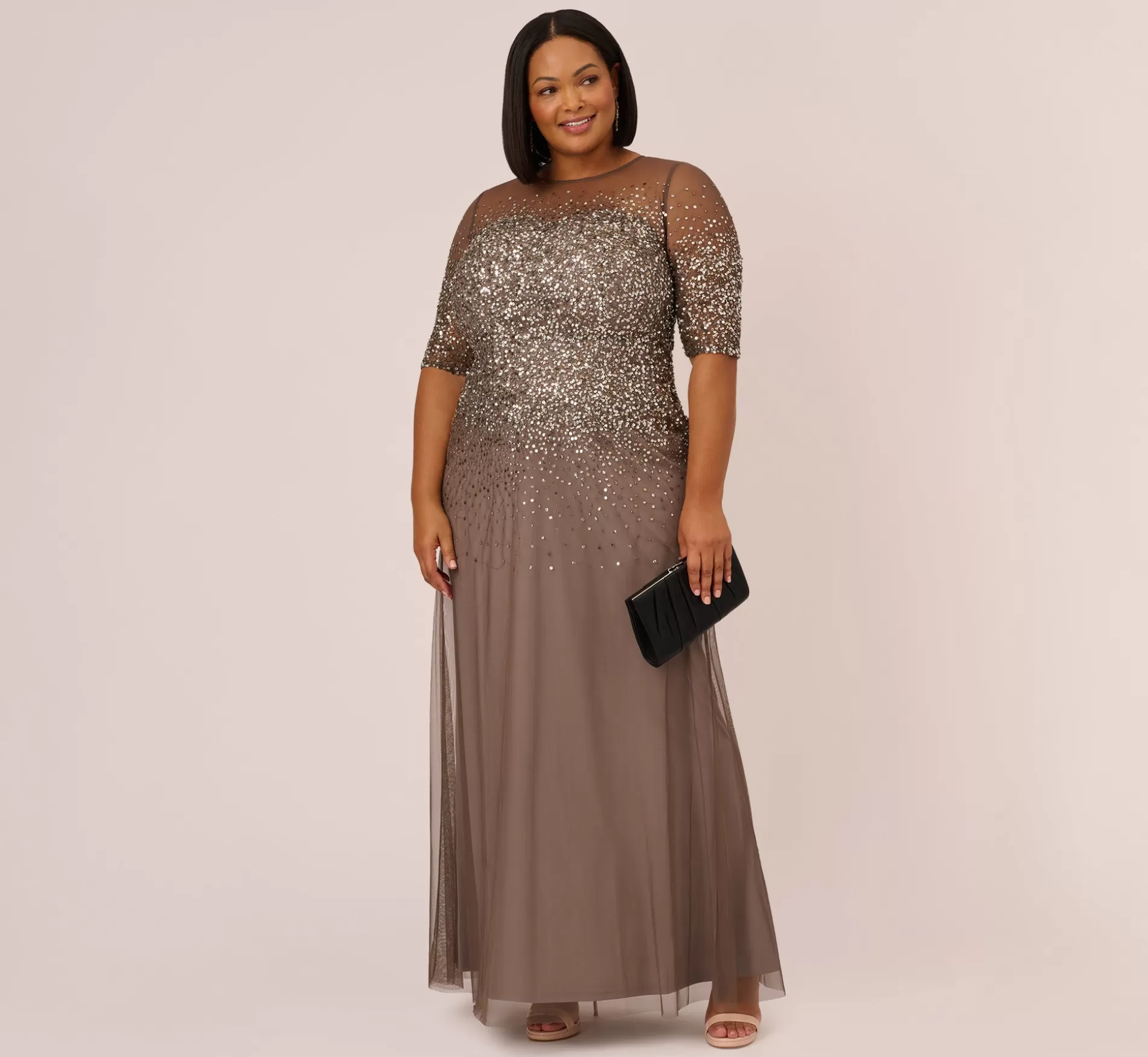 Discount Plus Size Beaded Illusion Gown In Lead Beaded | Long Dresses