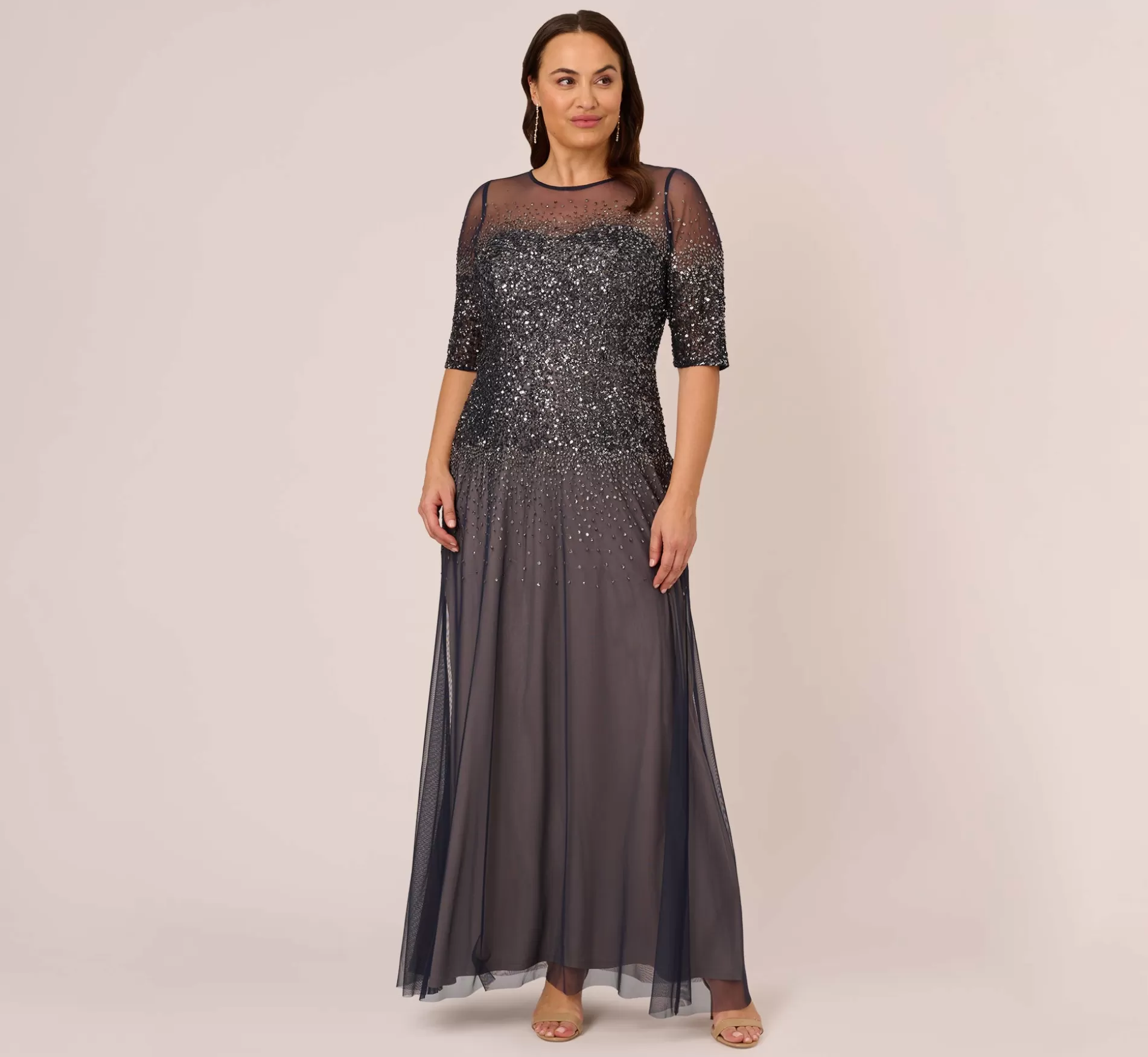 Cheap Plus Size Beaded Illusion Gown In Navy Beaded | Long Dresses