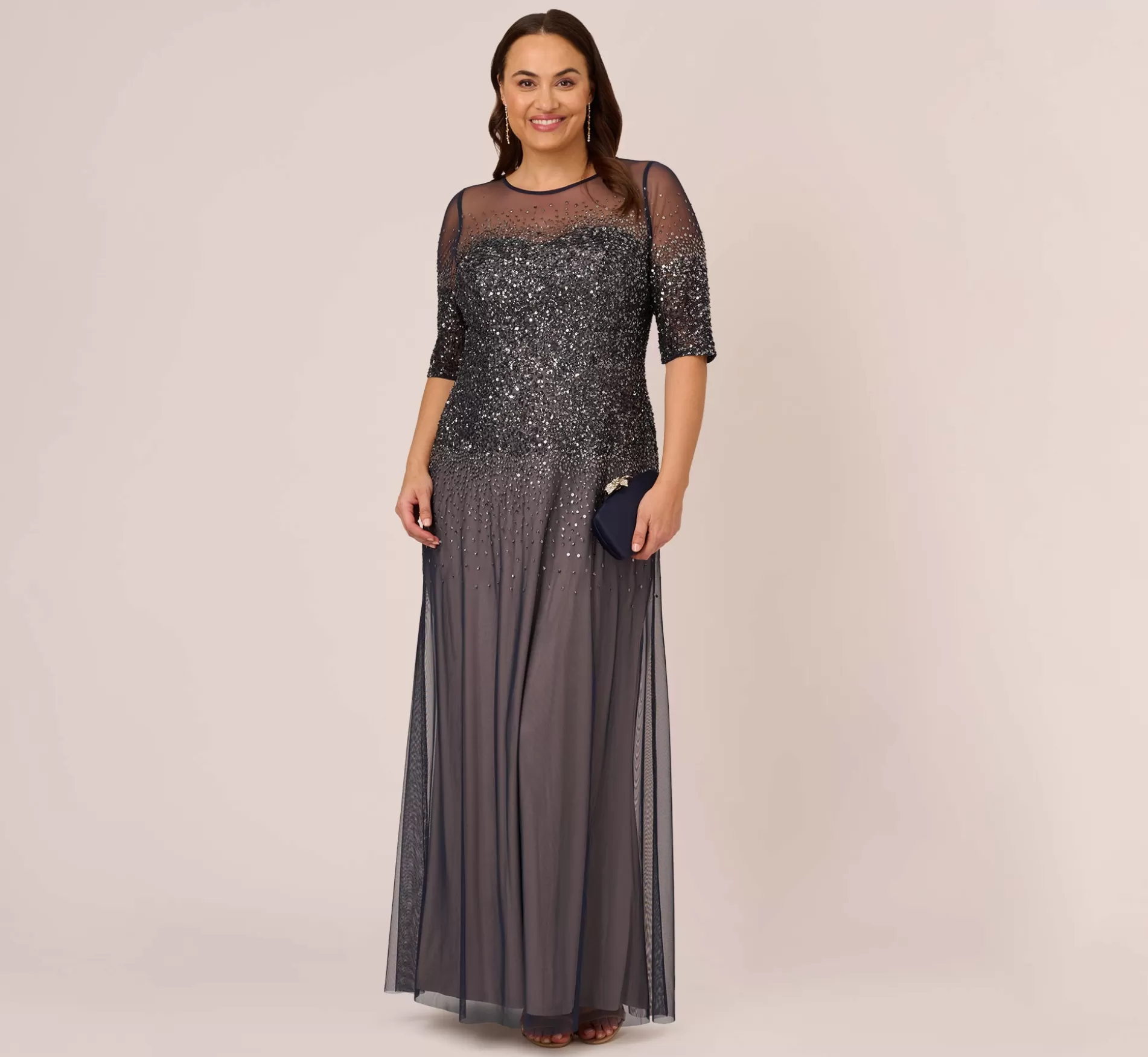 Cheap Plus Size Beaded Illusion Gown In Navy Beaded | Long Dresses