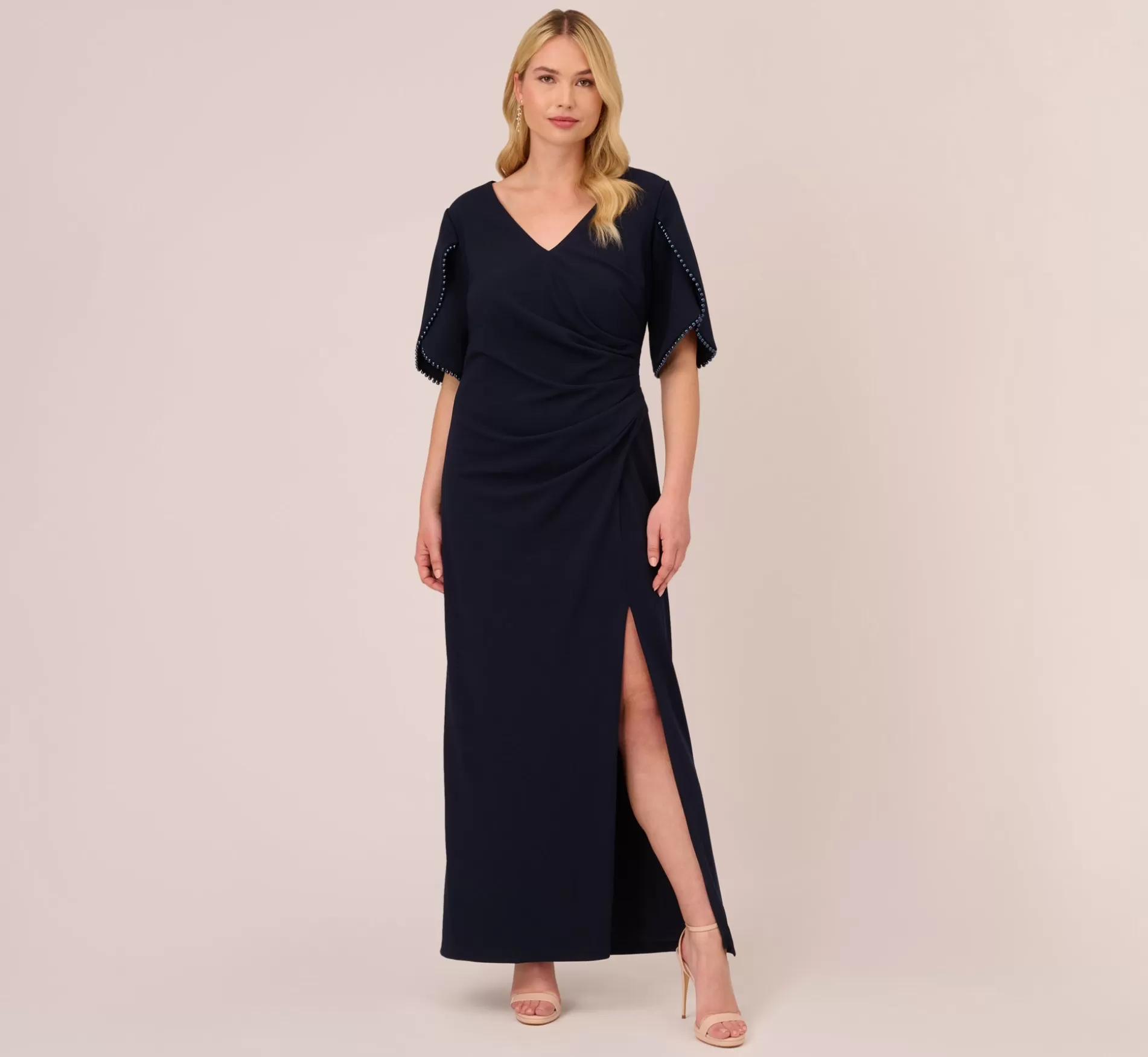 Flash Sale Plus Size Crepe Mermaid Gown With Pearl Trim Short Sleeves In Midnight Black Tie | Long Dresses