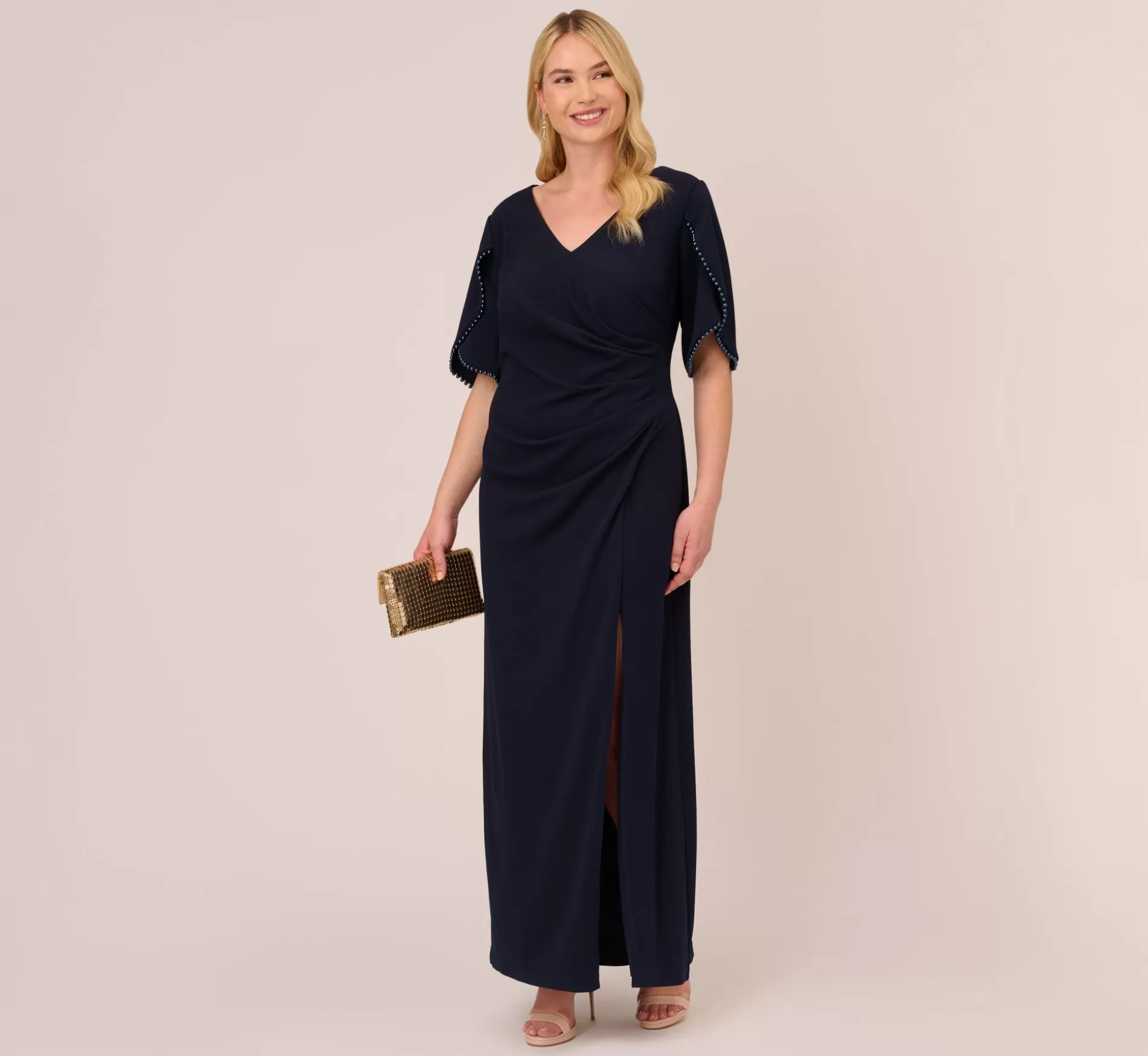 Flash Sale Plus Size Crepe Mermaid Gown With Pearl Trim Short Sleeves In Midnight Black Tie | Long Dresses