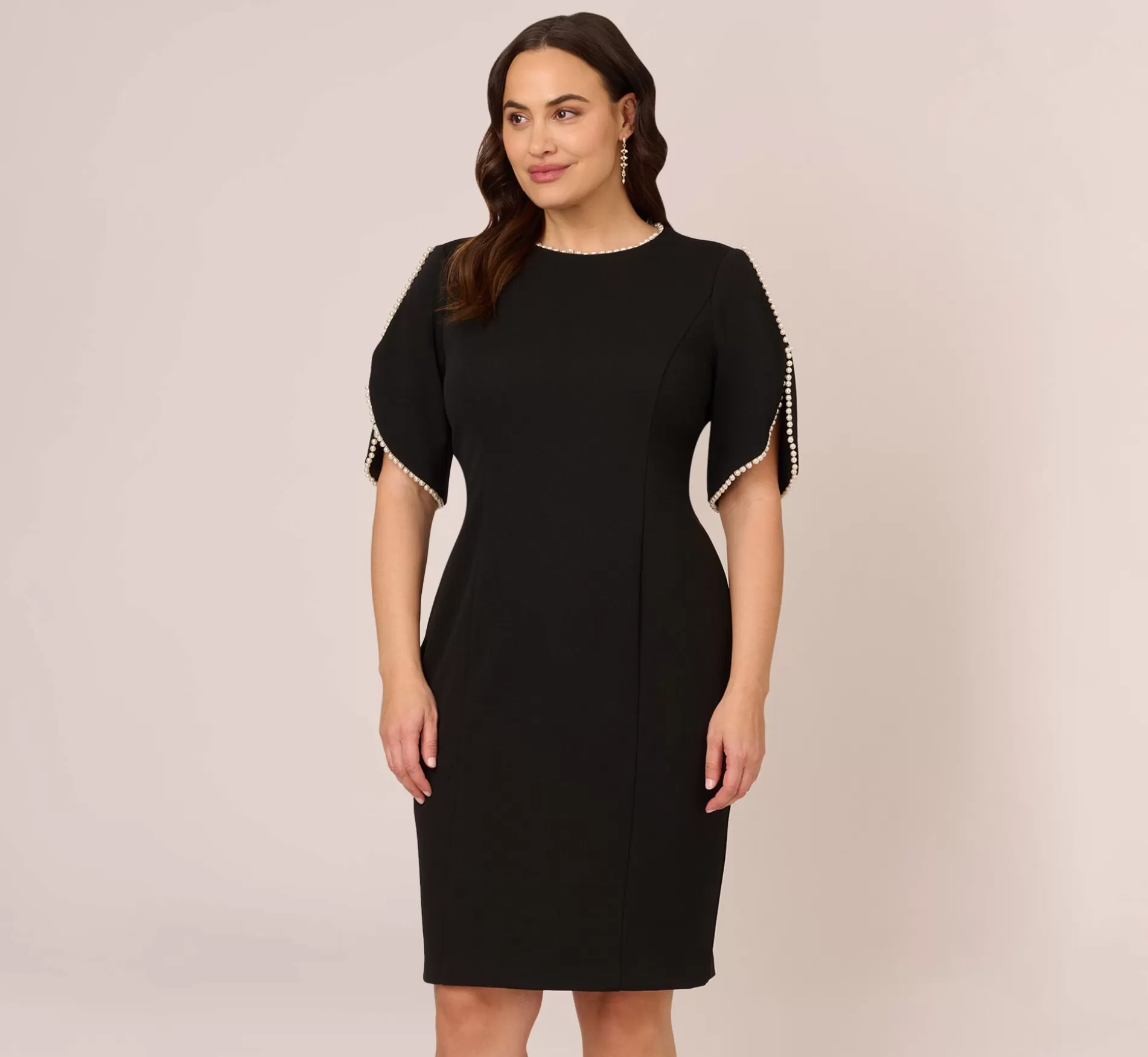 Fashion Plus Size Crepe Midi Length Sheath Dress With Pearl Trimmed Sleeves In Black Formal | Day Dresses