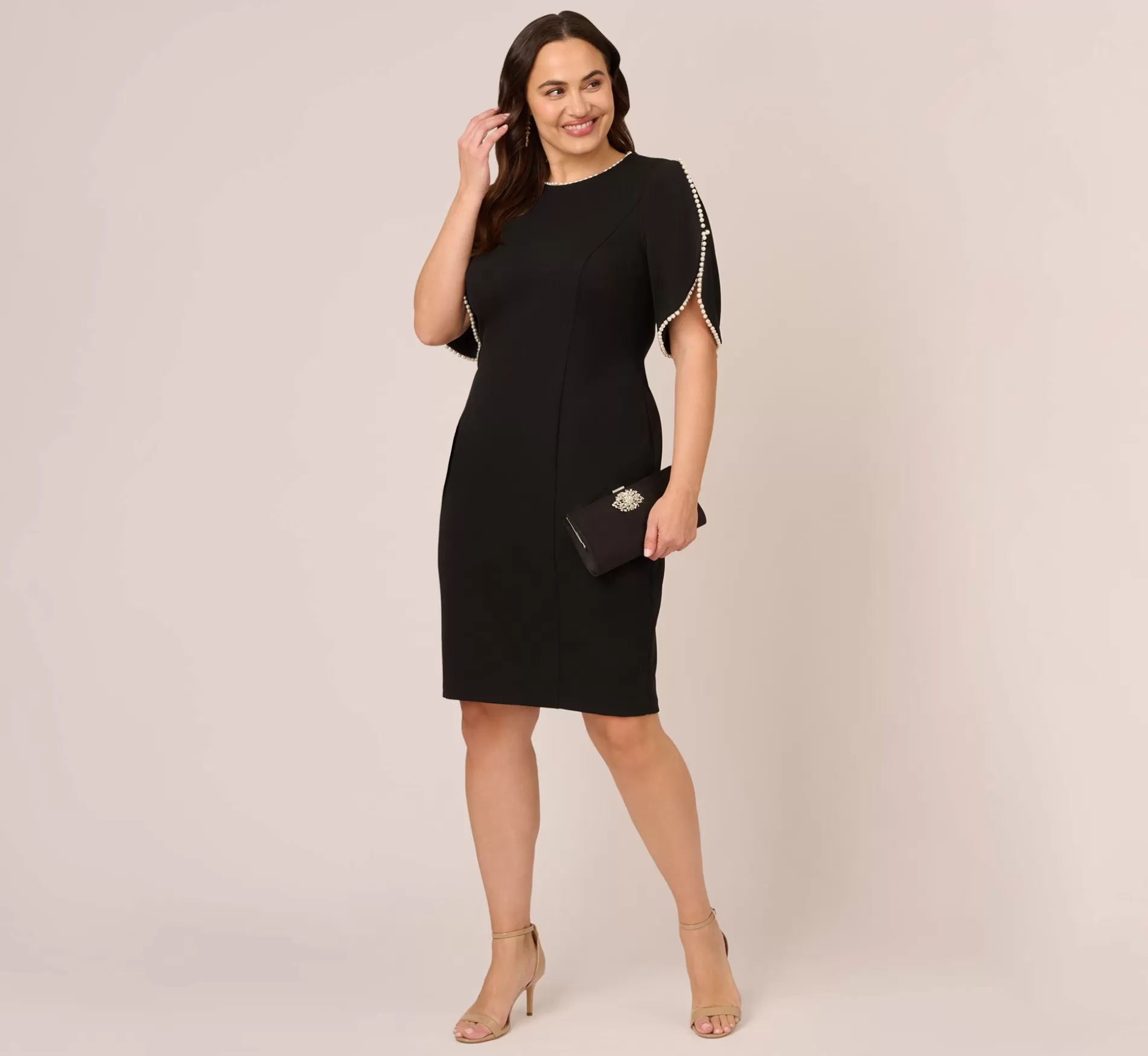 Fashion Plus Size Crepe Midi Length Sheath Dress With Pearl Trimmed Sleeves In Black Formal | Day Dresses