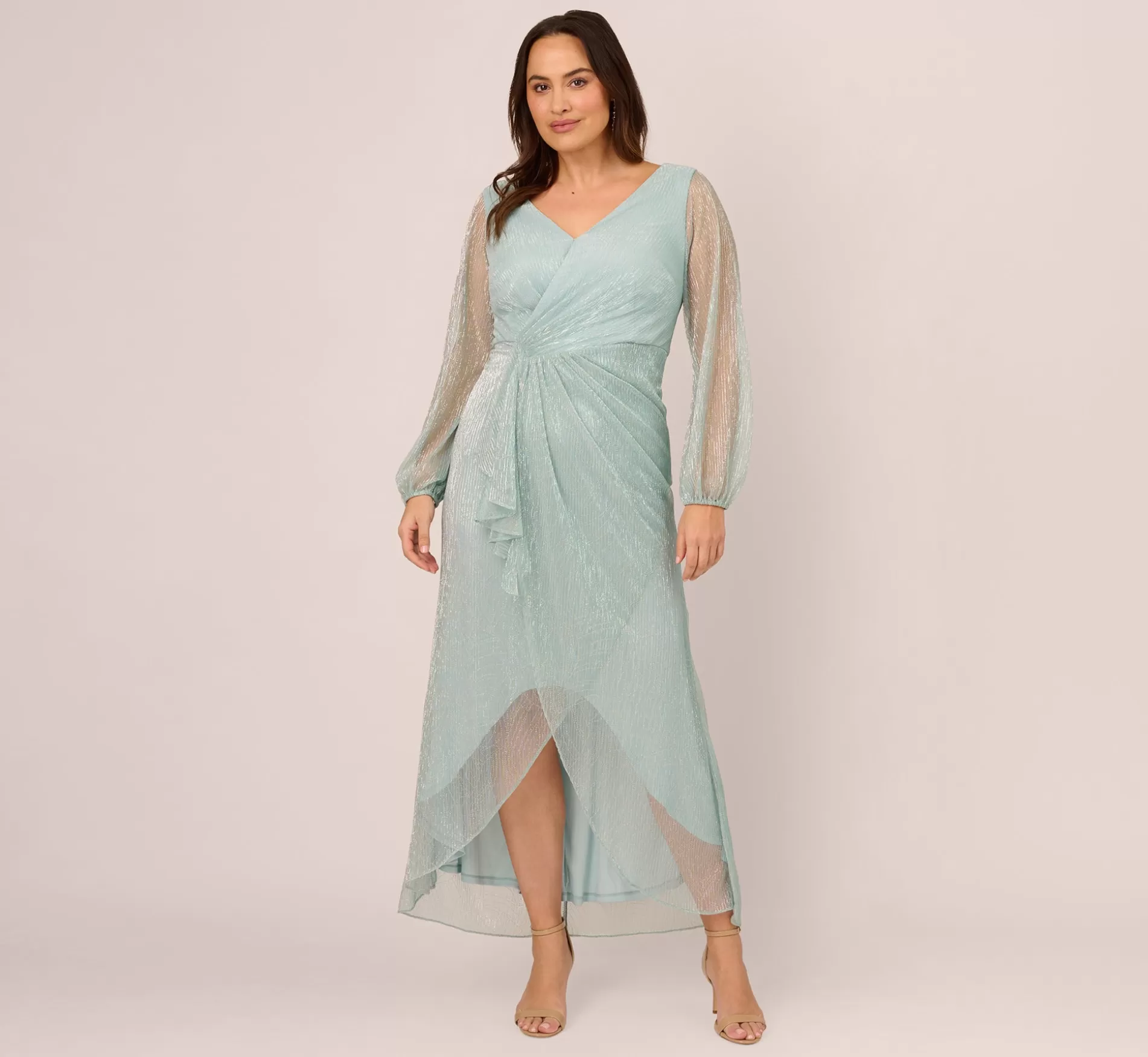 Sale Plus Size Crinkle Metallic Gown With Sheer Bishop Sleeves And Draped Details In Mint Smoke Black Tie | Formal