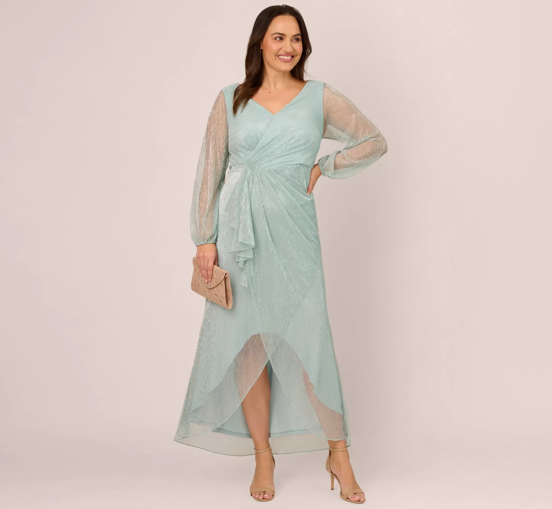 Sale Plus Size Crinkle Metallic Gown With Sheer Bishop Sleeves And Draped Details In Mint Smoke Black Tie | Formal