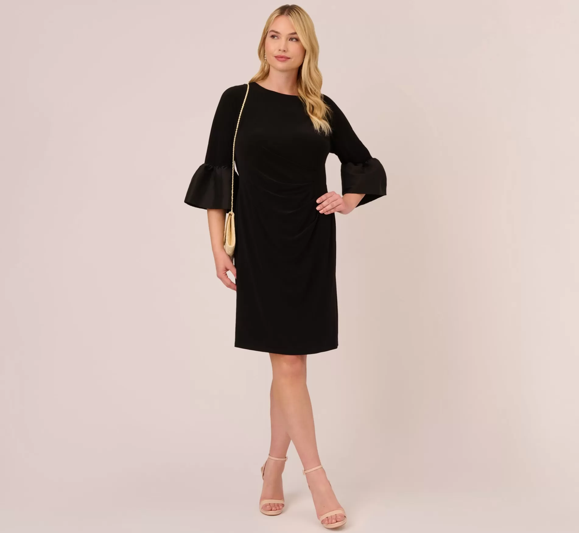 Shop Plus Size Draped Jersey Short Sheath Dress With Bell Cuffs In Black Day Dresses | Day Dresses