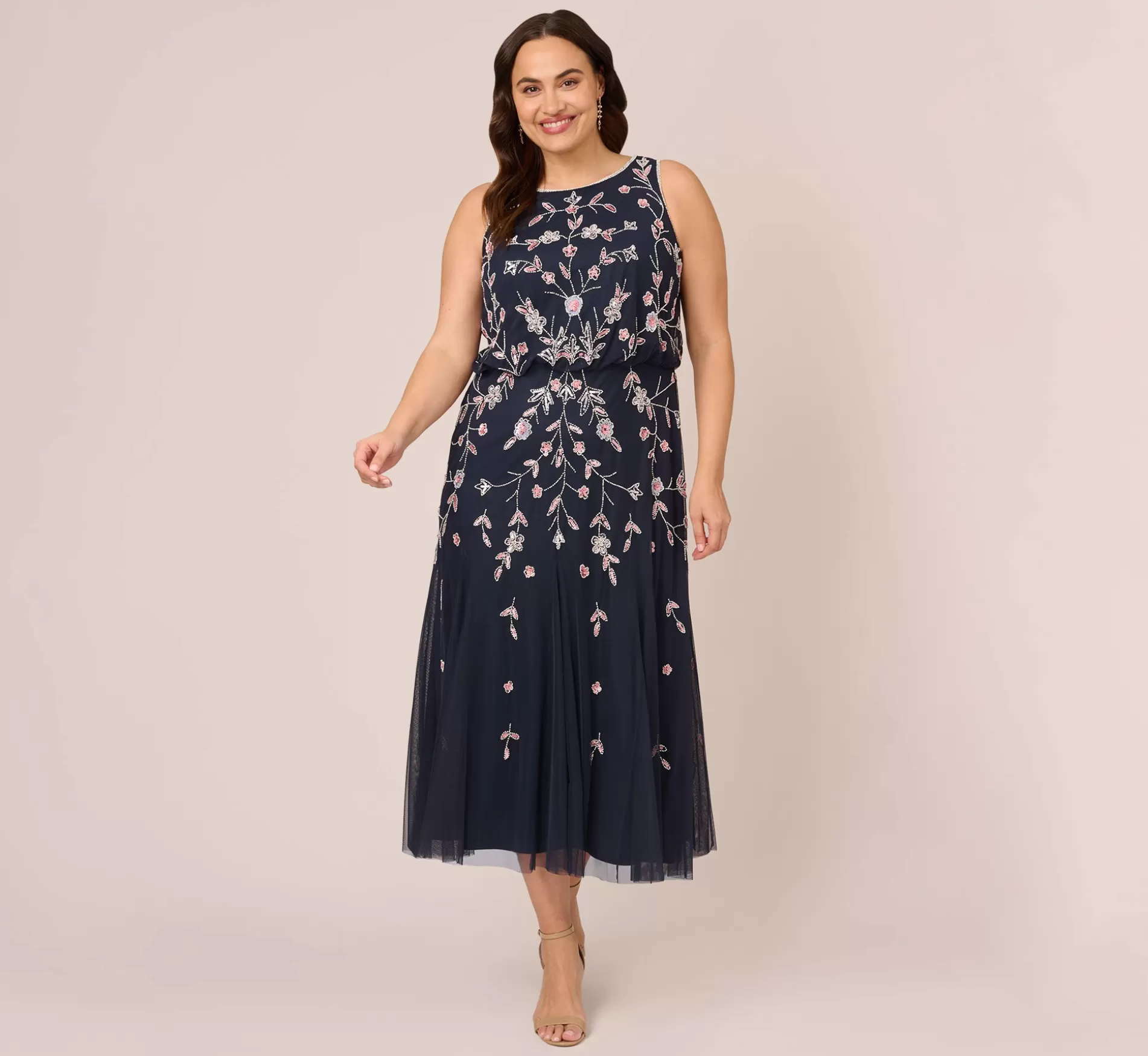 Sale Plus Size Floral Beaded Blouson Tea Length Dress In Navy Blush Beaded | Black Tie