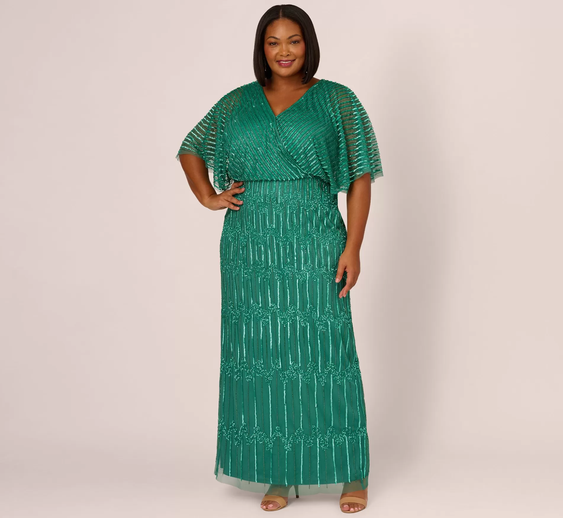 Sale Plus Size Hand-Beaded Illusion Long Column Blouson Gown In Jungle Green Beaded | Black Tie