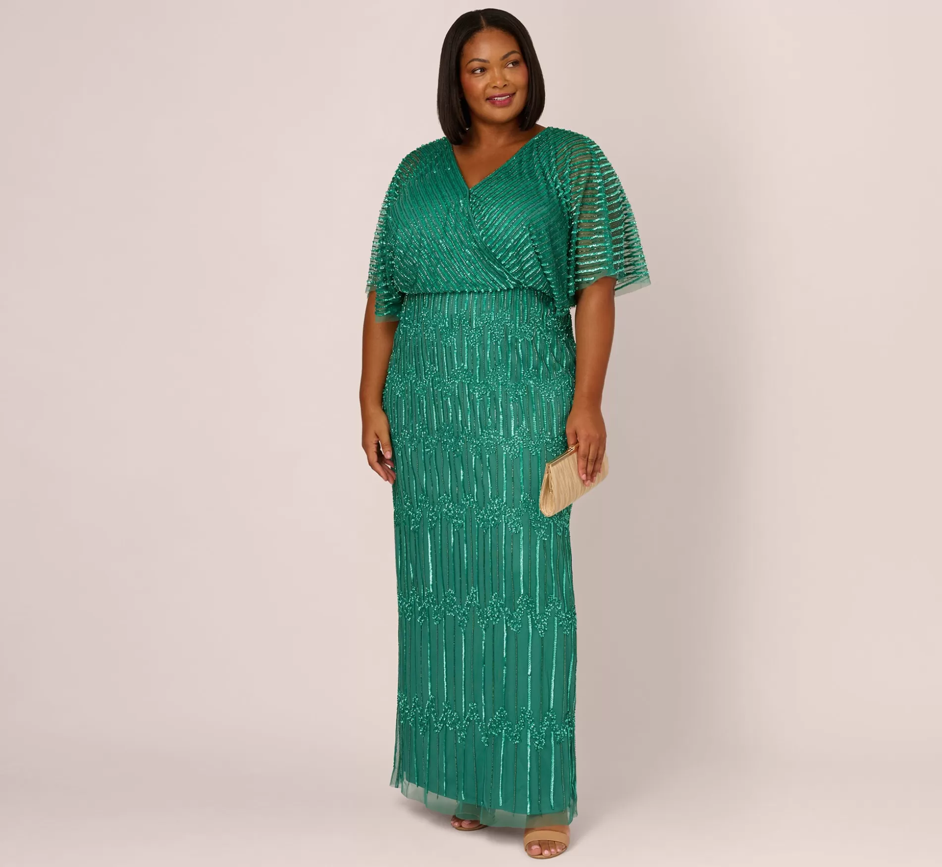 Sale Plus Size Hand-Beaded Illusion Long Column Blouson Gown In Jungle Green Beaded | Black Tie