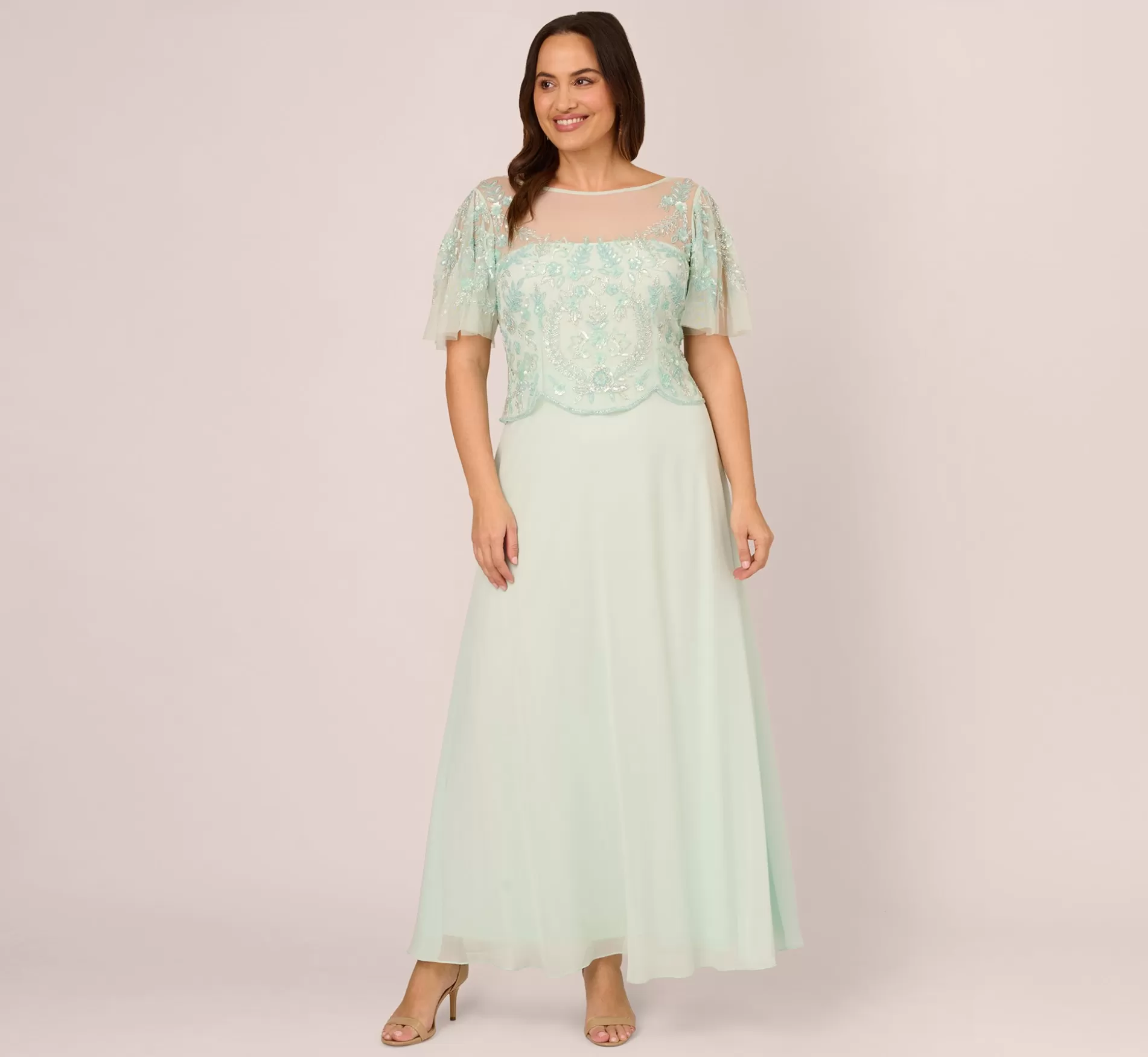 Outlet Plus Size Hand-Beaded Illusion Long Gown With Flutter Sleeves In Mint Glass Beaded | Black Tie