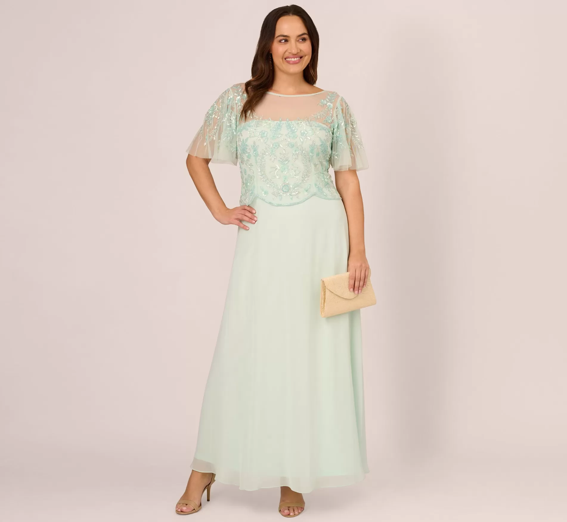 Outlet Plus Size Hand-Beaded Illusion Long Gown With Flutter Sleeves In Mint Glass Beaded | Black Tie