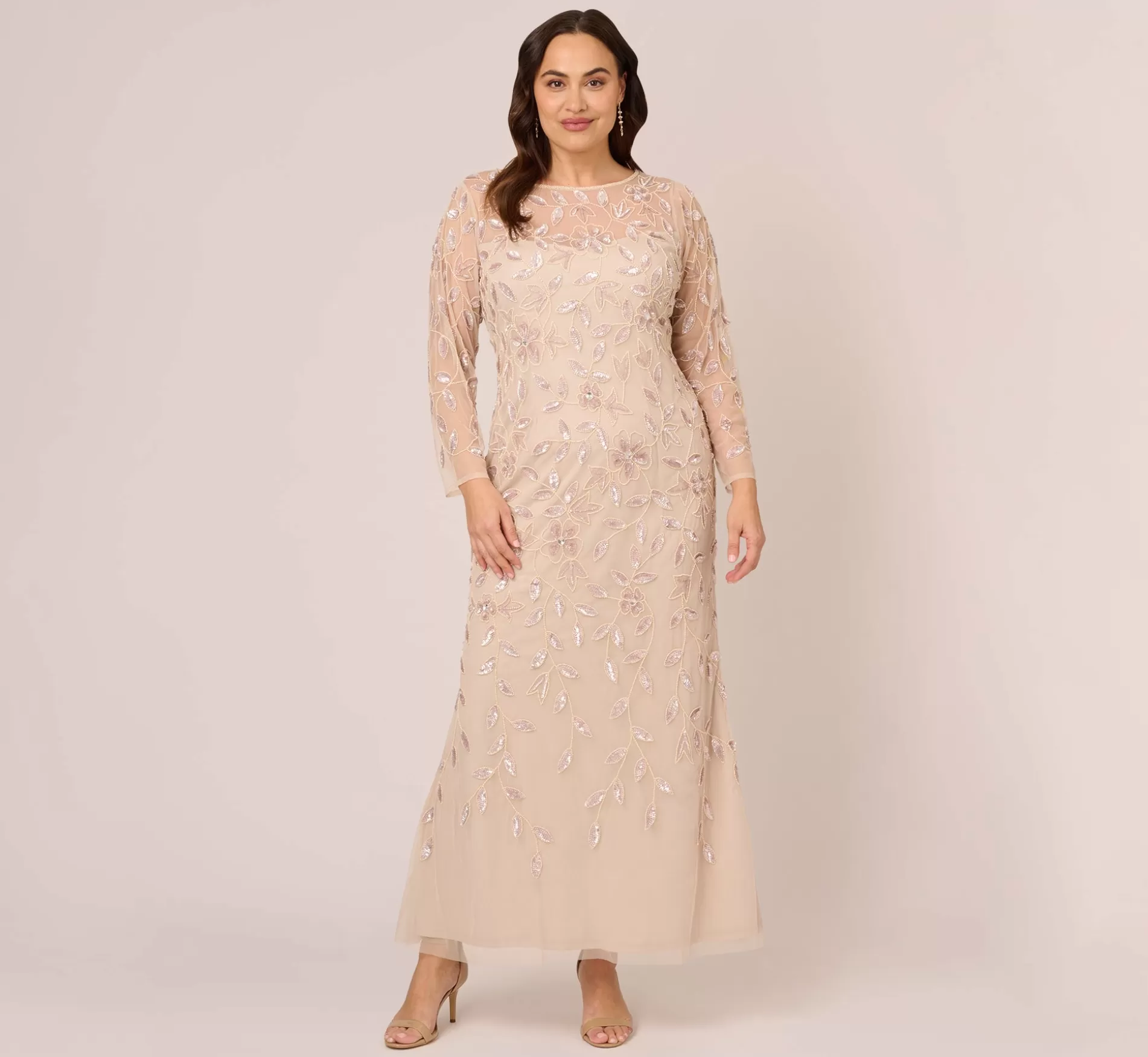 Clearance Plus Size Illusion Floral Beaded Gown With Sheer Long Sleeves In Latte Beaded | Black Tie