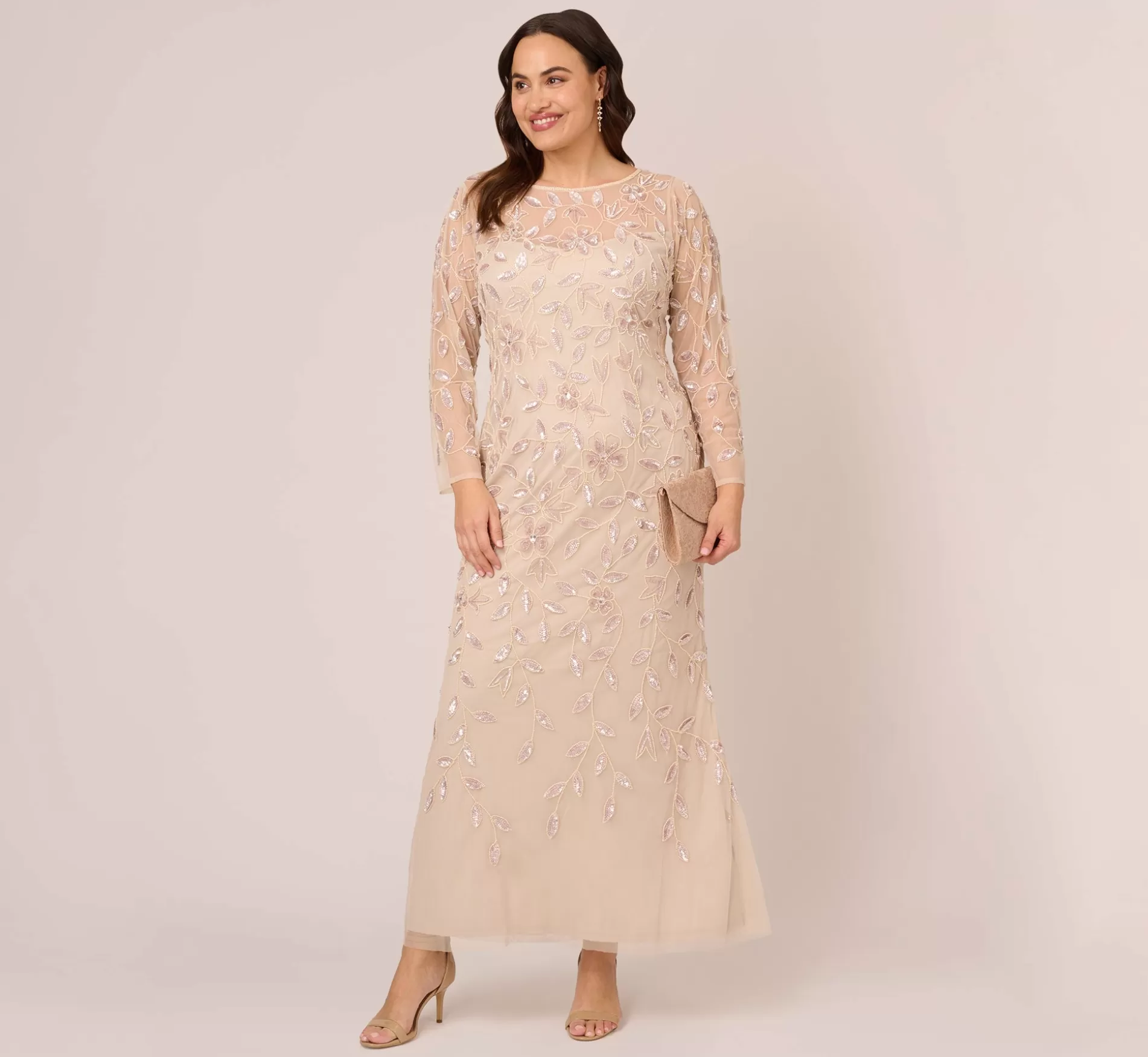 Clearance Plus Size Illusion Floral Beaded Gown With Sheer Long Sleeves In Latte Beaded | Black Tie