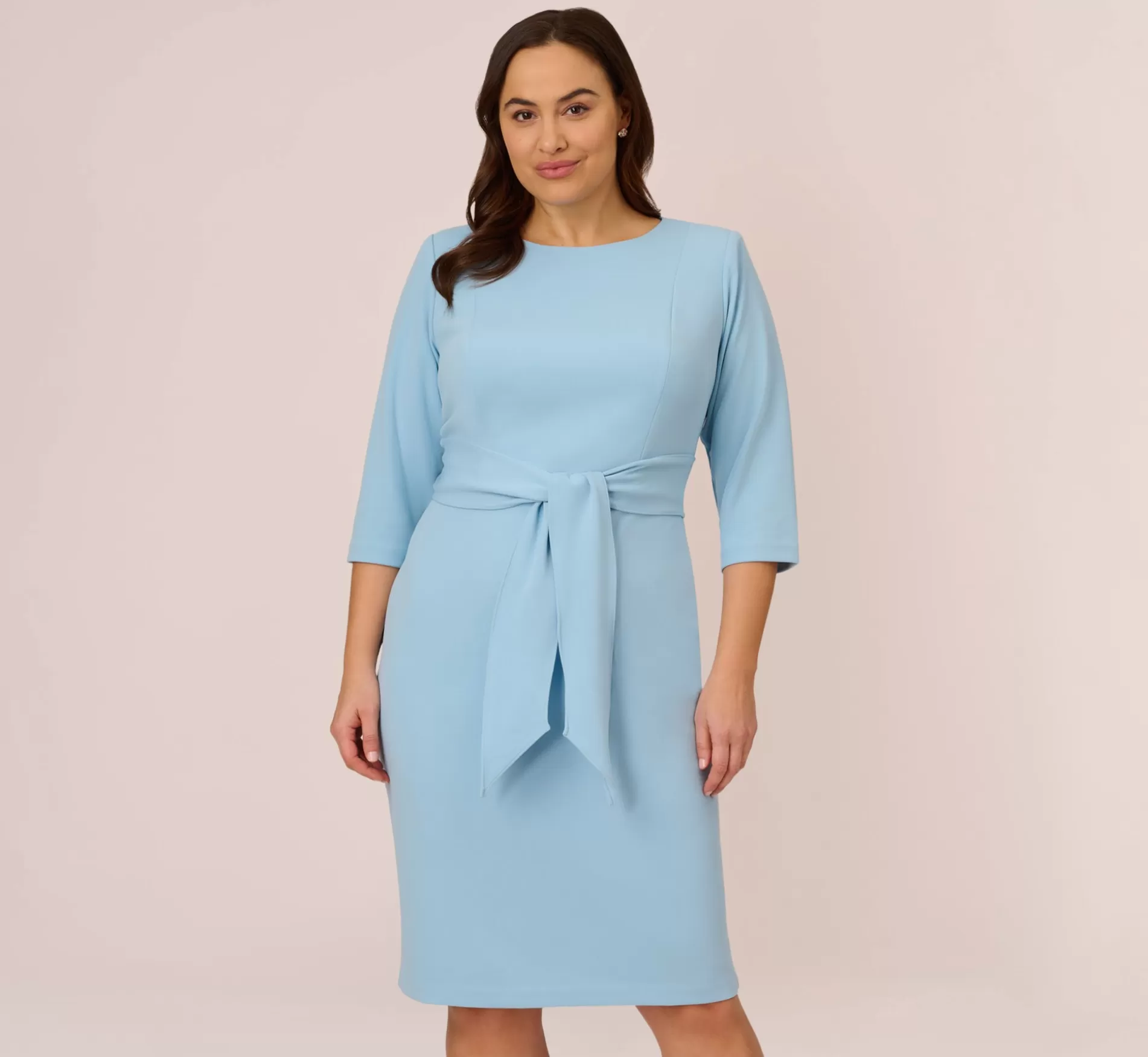 Outlet Plus Size Knit Crepe Bow Sheath Dress With Three Quarter Sleeves In Blue Mist Day Dresses | Midi Dresses