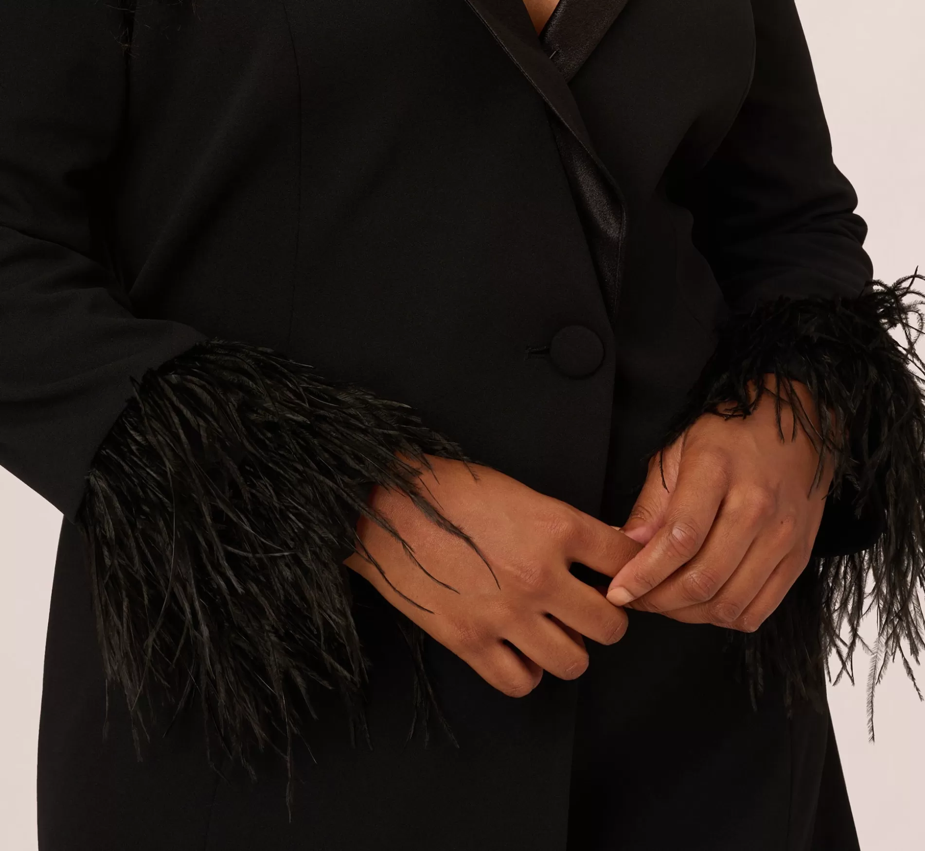 Discount Plus Size Knit Crepe Long Sleeve Blazer Dress With Feather Trim In Black Short Dresses