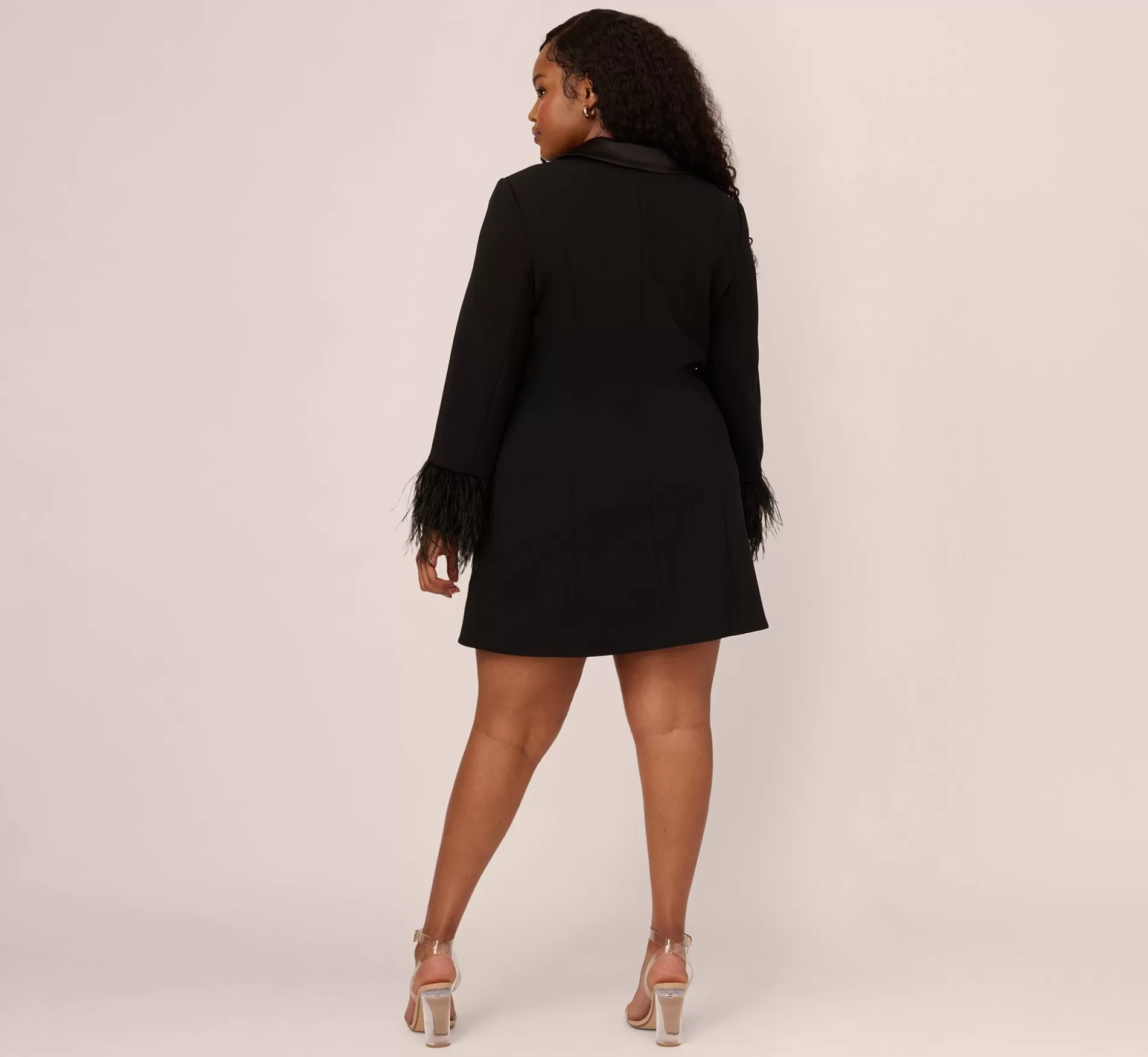 Discount Plus Size Knit Crepe Long Sleeve Blazer Dress With Feather Trim In Black Short Dresses
