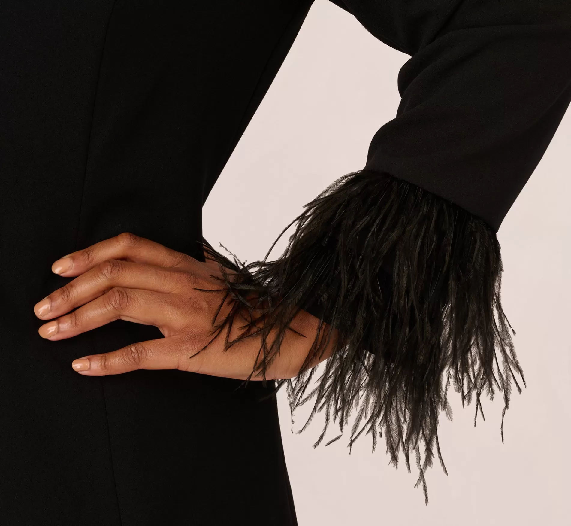 Discount Plus Size Knit Crepe Long Sleeve Blazer Dress With Feather Trim In Black Short Dresses