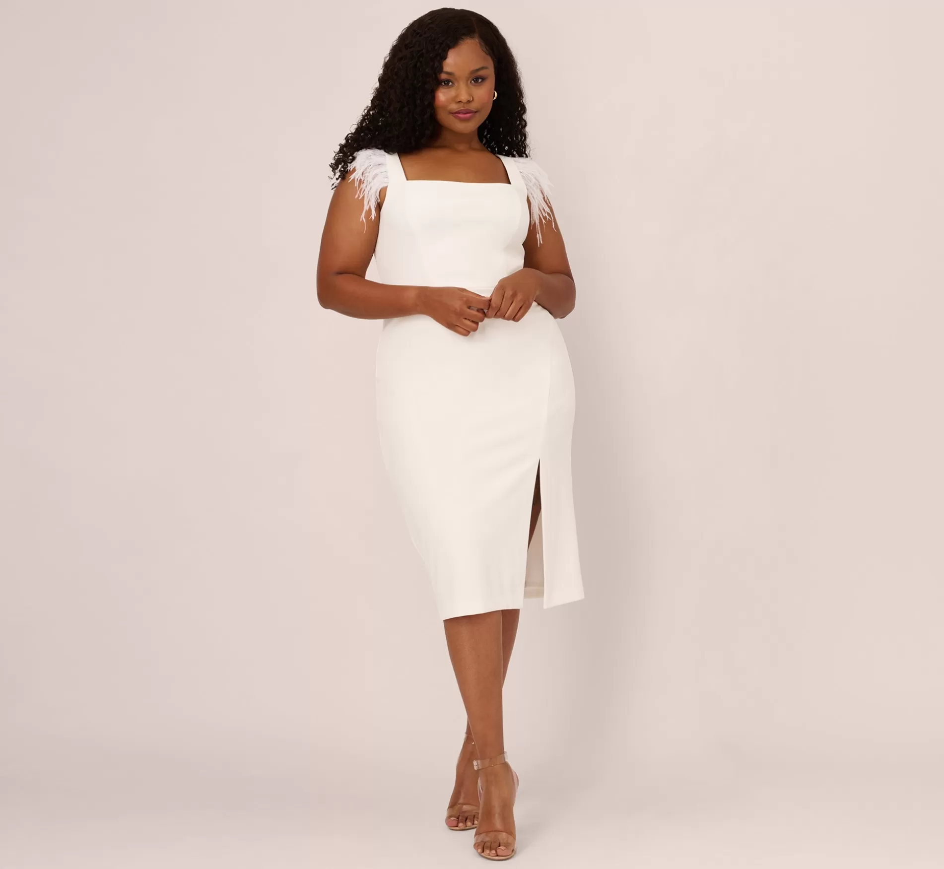 Cheap Plus Size Knit Crepe Midi Dress With Feather Shoulder Accents In Ivory Little White Dresses | Midi Dresses