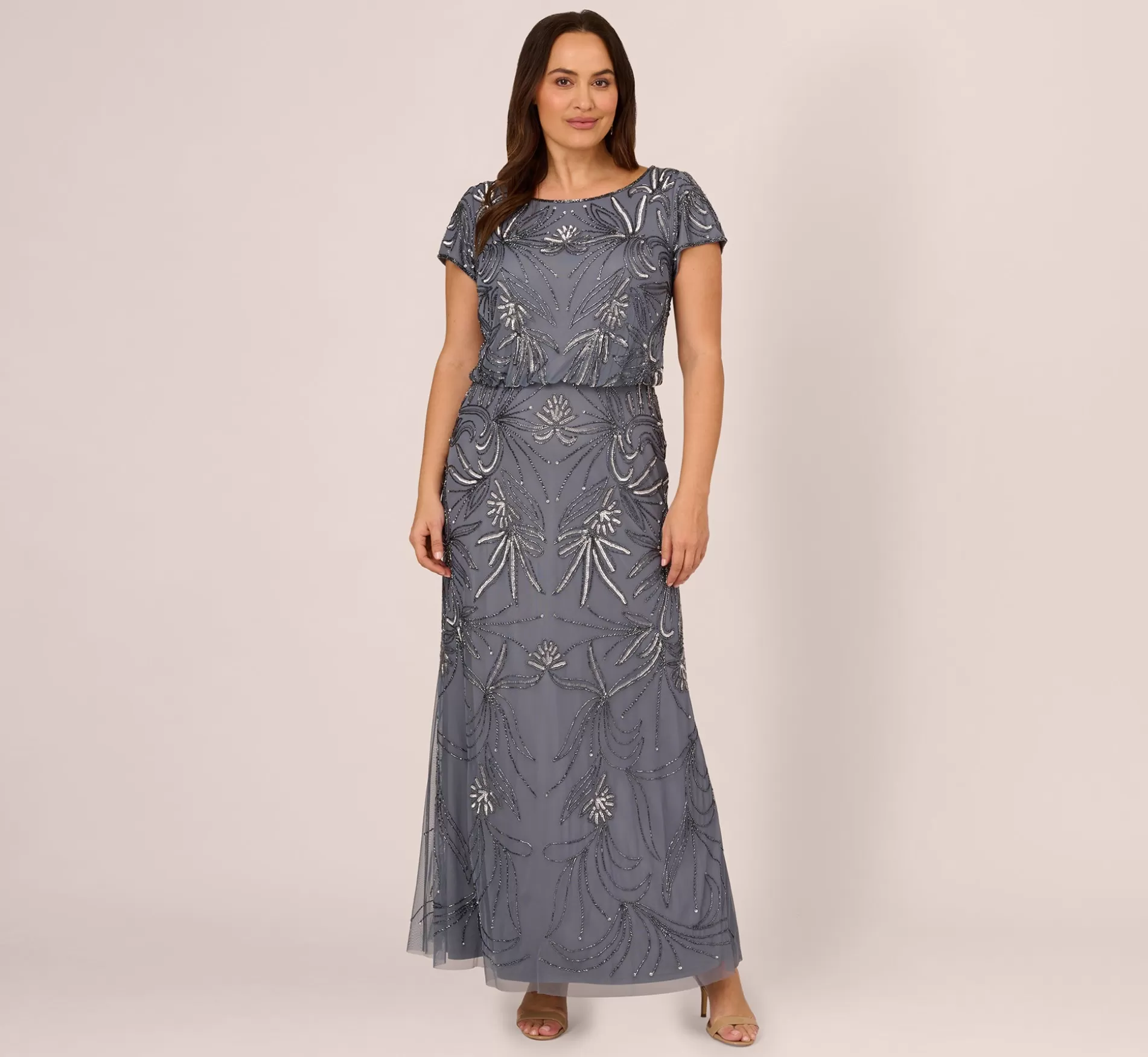 Sale Plus Size Long Beaded Blouson Dress In Dusty Blue Signature Blouson Collection | Long Dresses